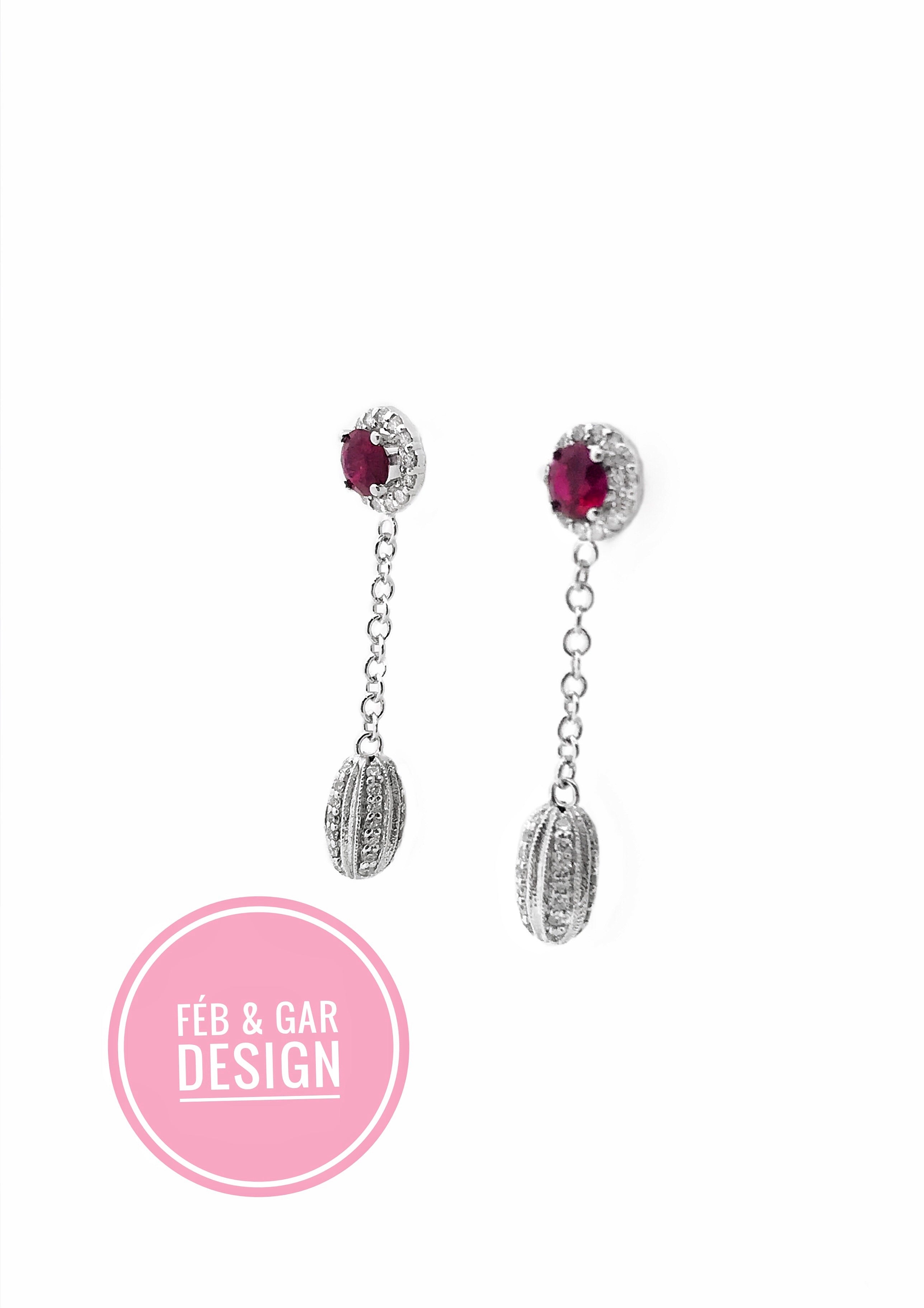 1.00 Carats Ruby 0.80 Carats Diamonds 14K White Gold Earrings