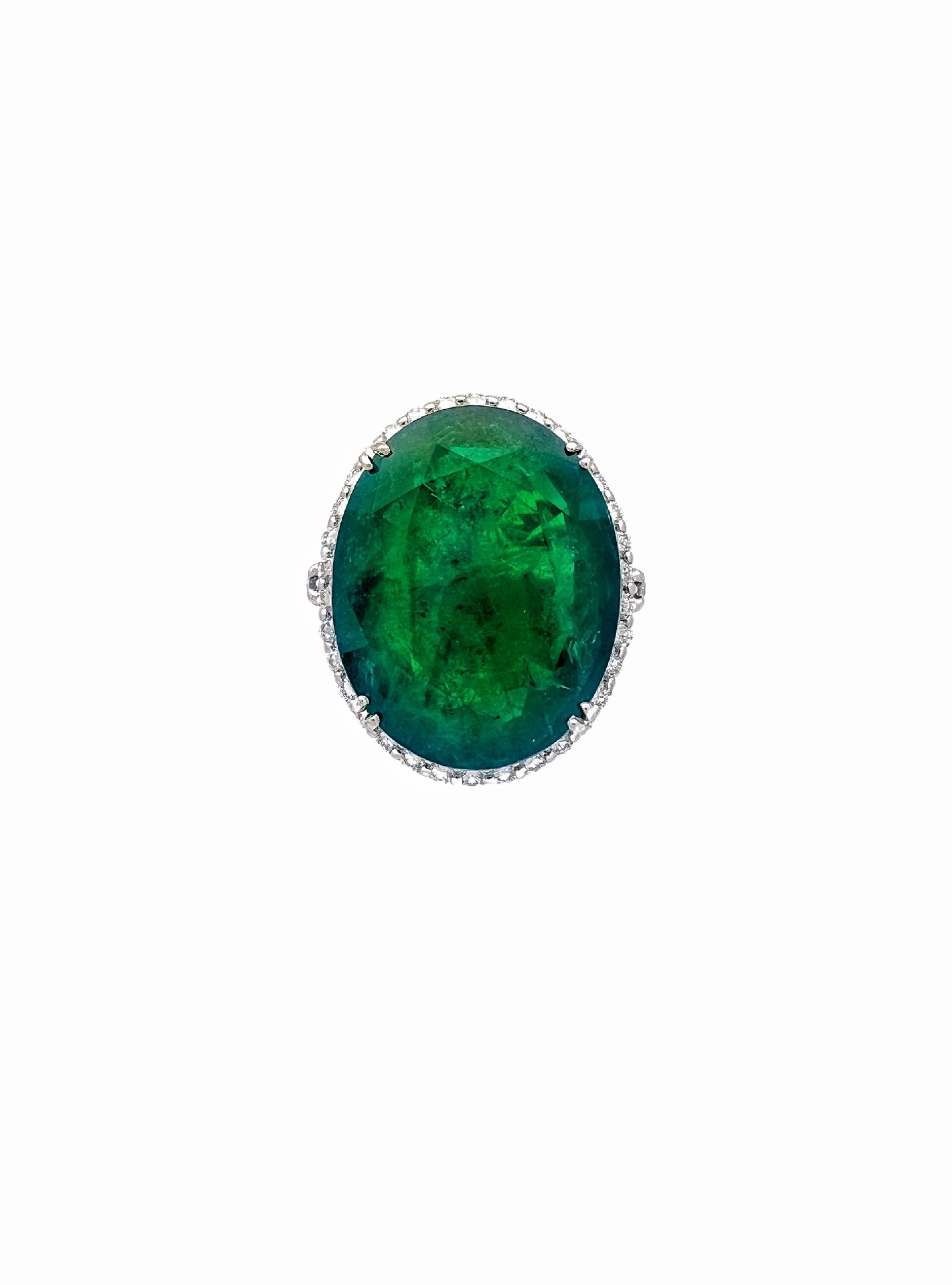 30.491 Ct Emerald F2(Brazilian) Certified & 1.29Cts Dia 18K White Gold Ring