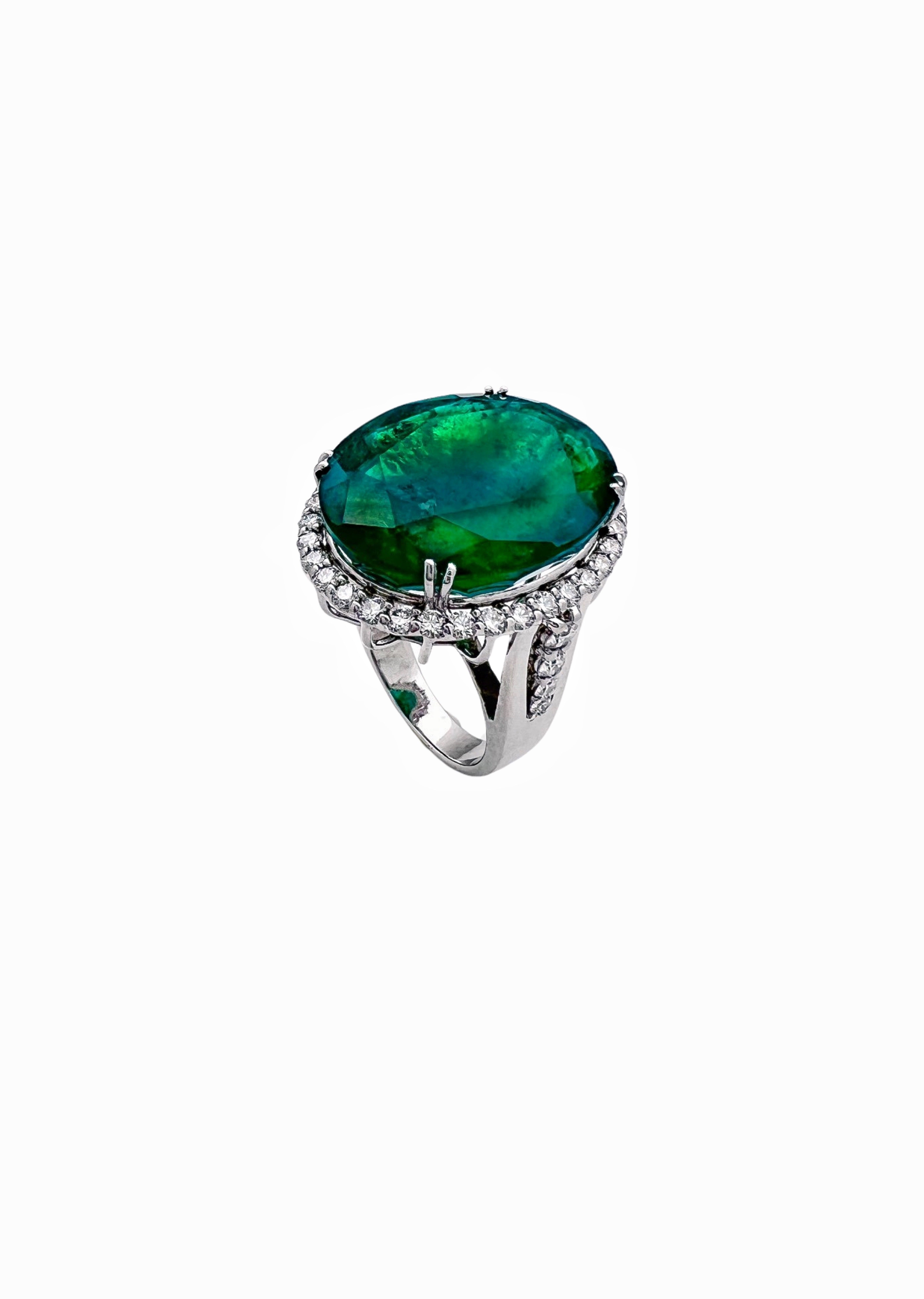 30.491 Ct Emerald F2(Brazilian) Certified & 1.29Cts Dia 18K White Gold Ring