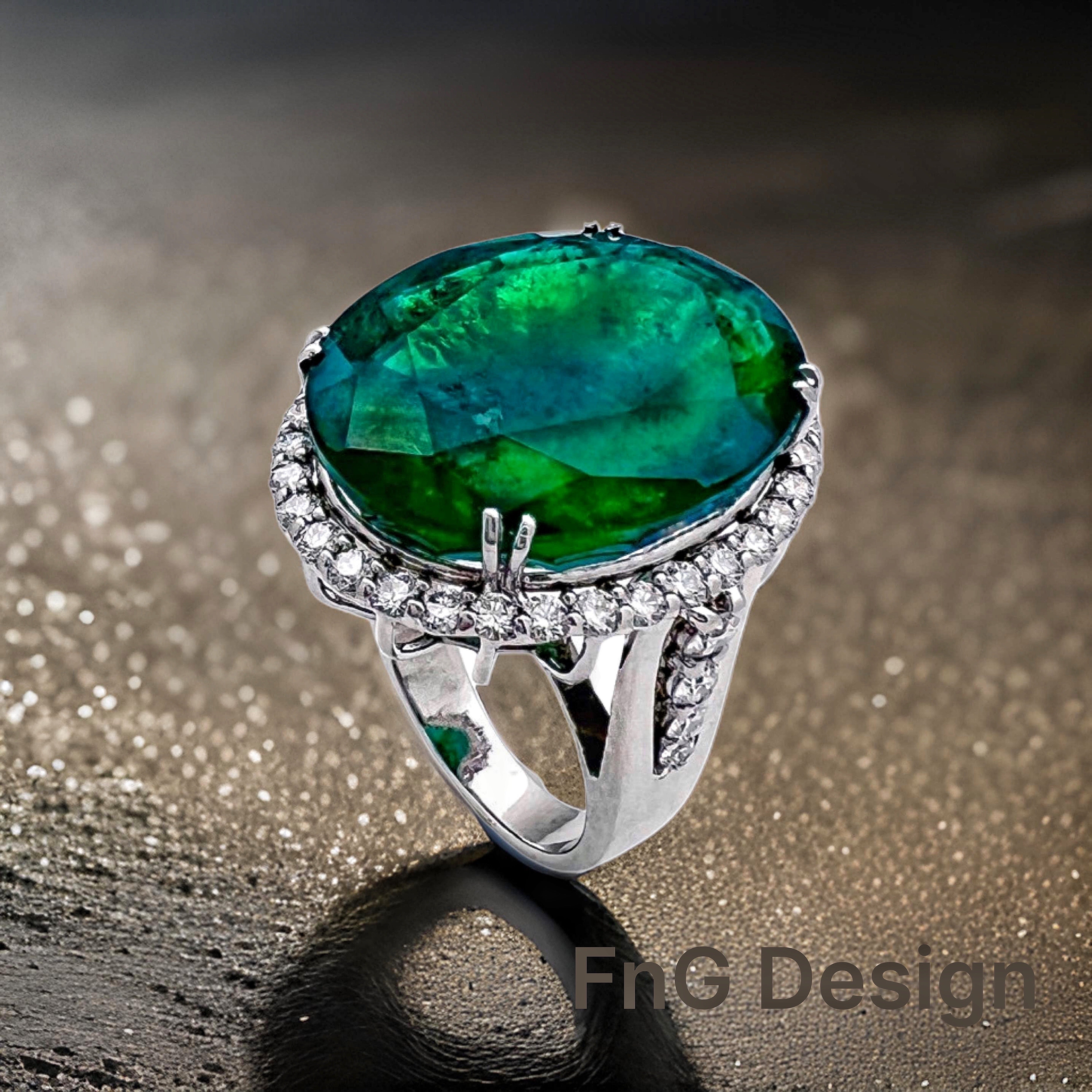 30.491 Ct Emerald F2(Brazilian) Certified & 1.29Cts Dia 18K White Gold Ring