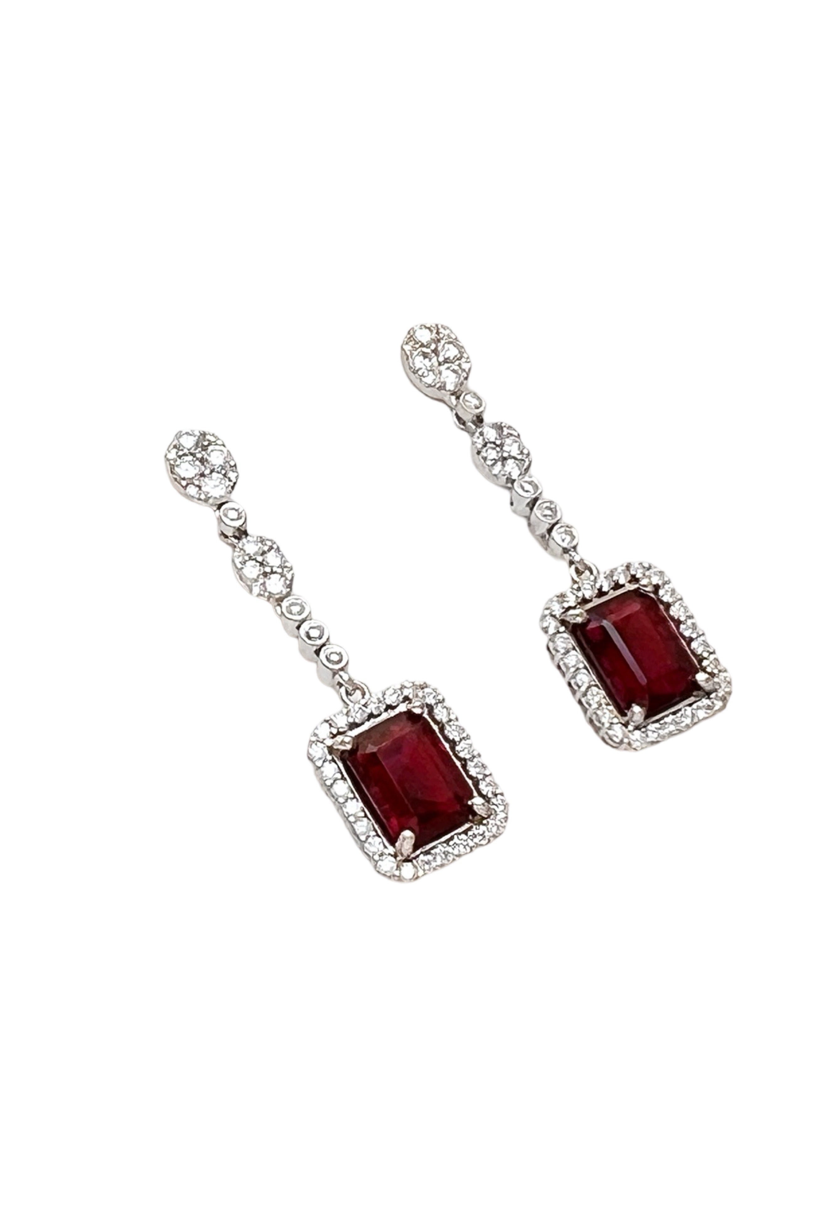 3.78Cts Rubellite Tourmaline Cert. & 1.51Cts Diamonds 18K White Gold Earrings