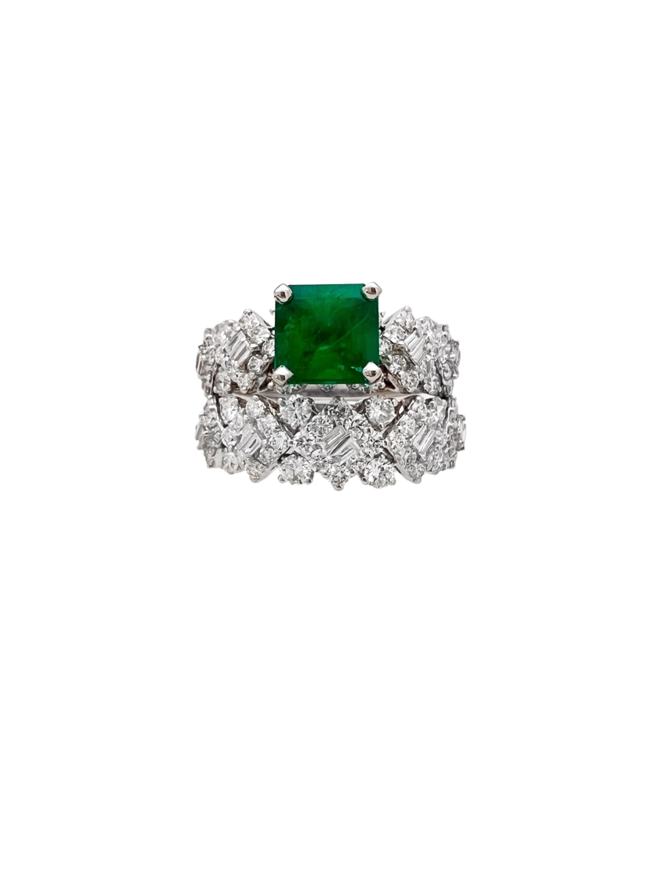 1.35 Carats Emerald Colombia F1 (Certified) & 1.35 Carats Diamonds 18K White Gold Ring