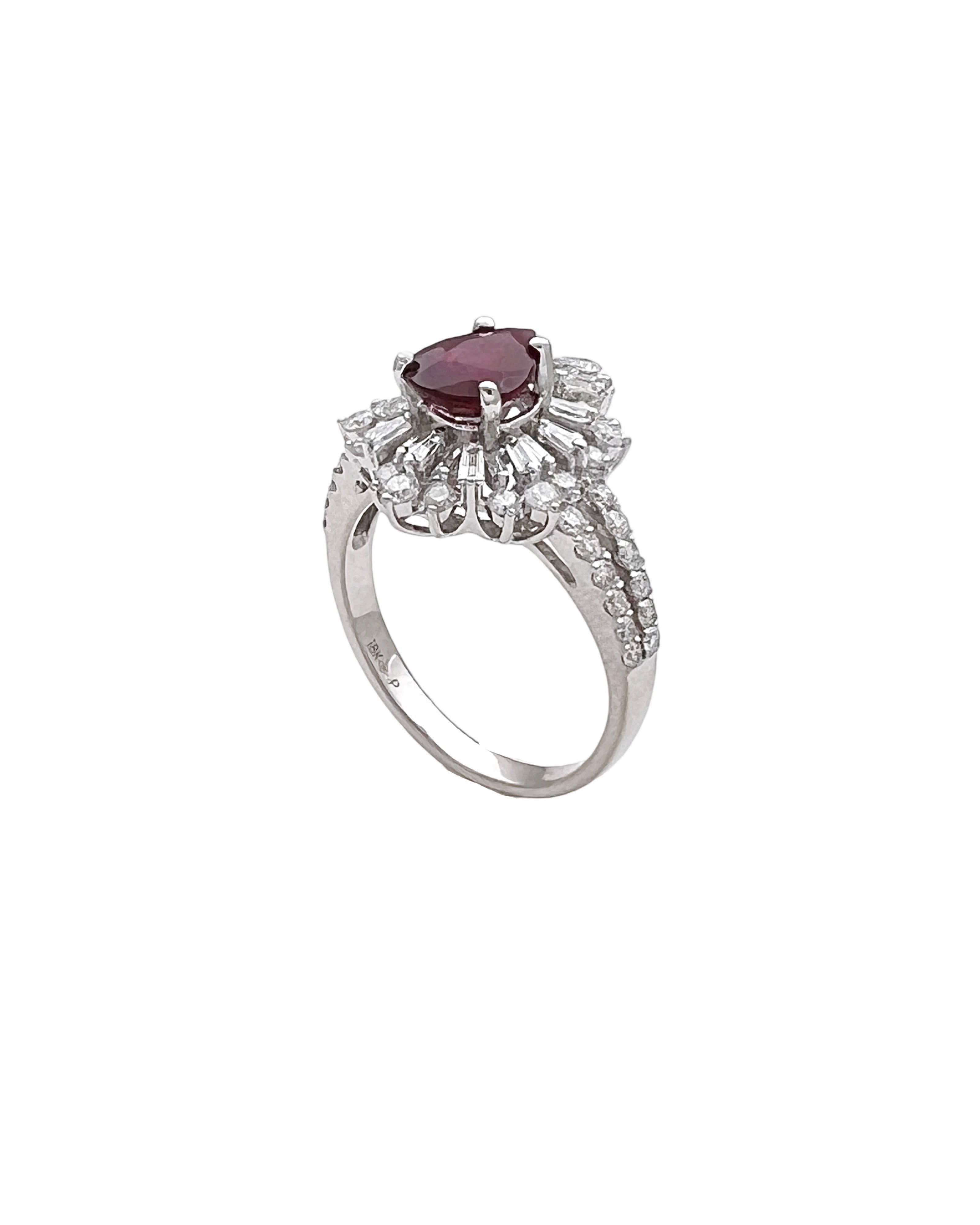 1.287 Cts Ruby Burma(Myanmar) Certified & 1.24 Cts Diamonds 18K White Gold Ring