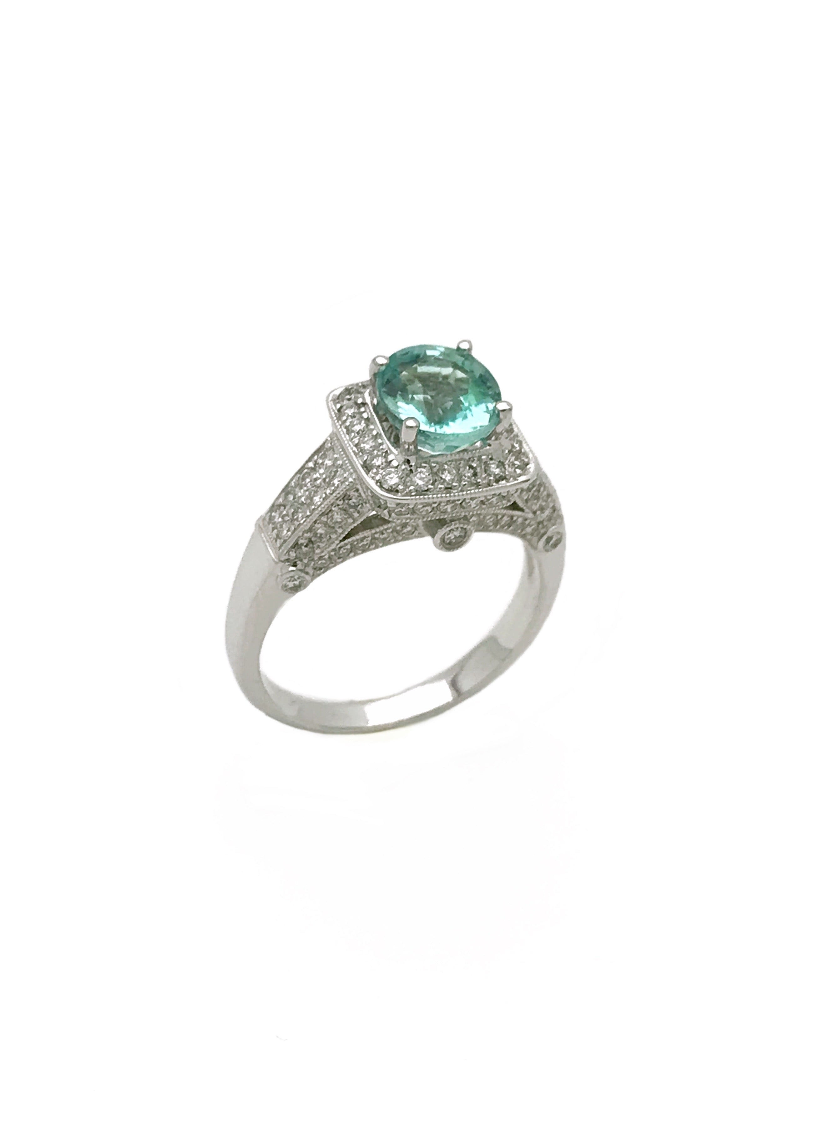 1.572Cts Paraiba Tourmaline (Certified) & 1.42Cts Diamond 18K White Gold Ring