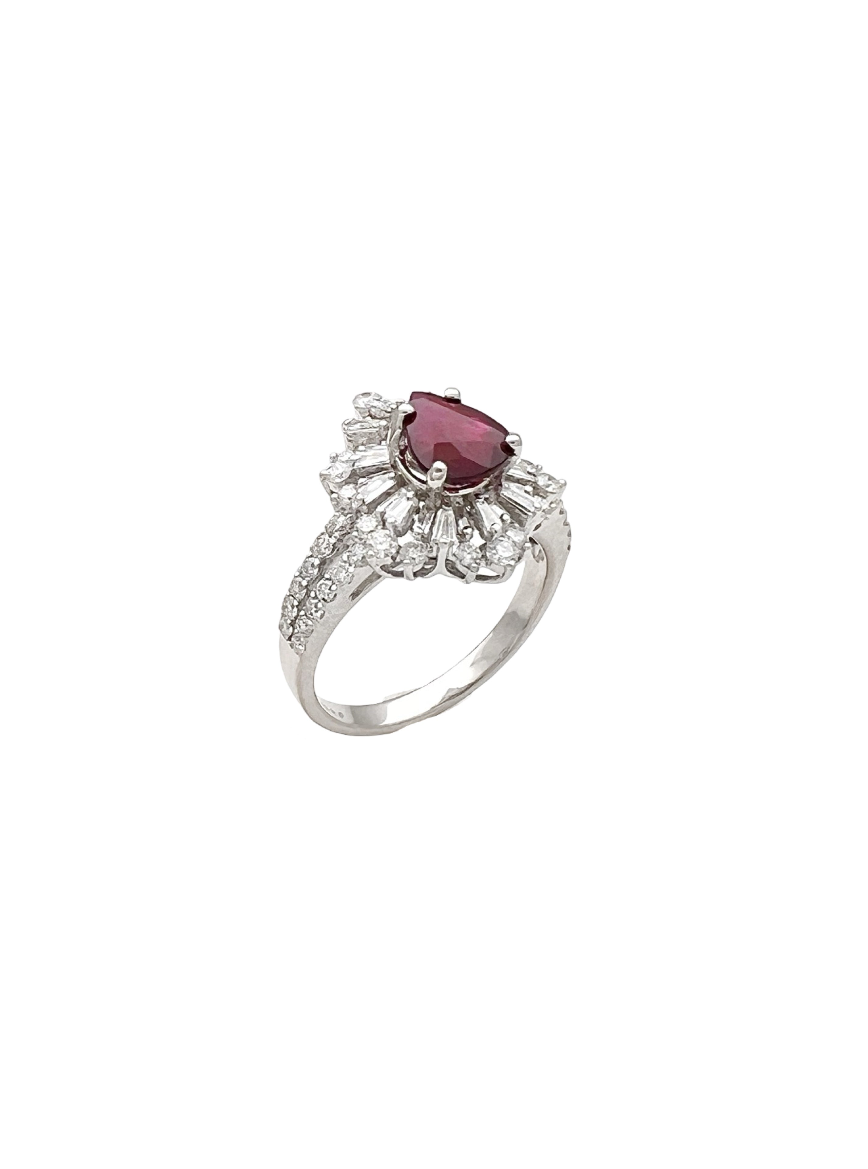 1.287 Cts Ruby Burma(Myanmar) Certified & 1.24 Cts Diamonds 18K White Gold Ring