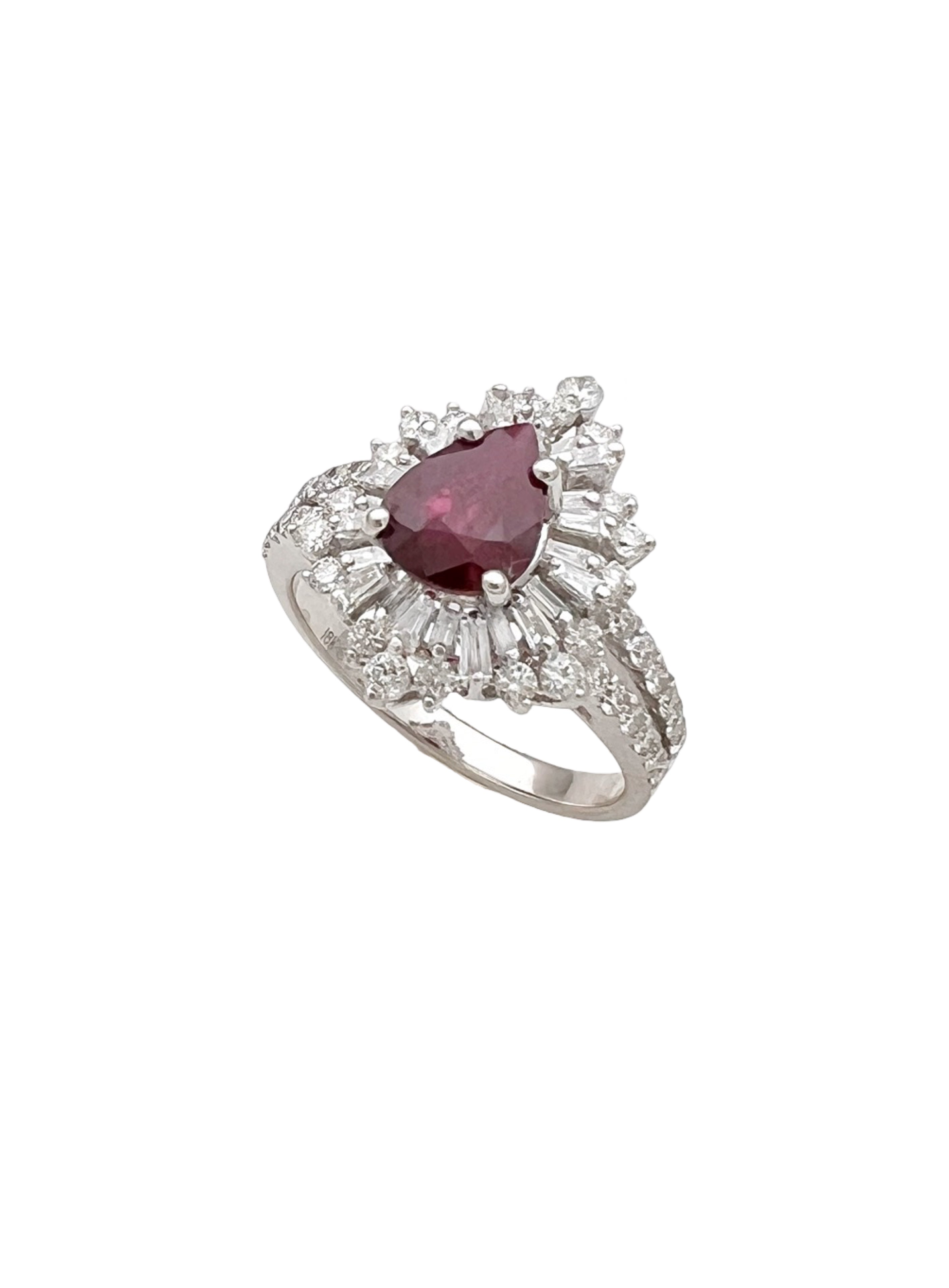 1.287 Cts Ruby Burma(Myanmar) Certified & 1.24 Cts Diamonds 18K White Gold Ring
