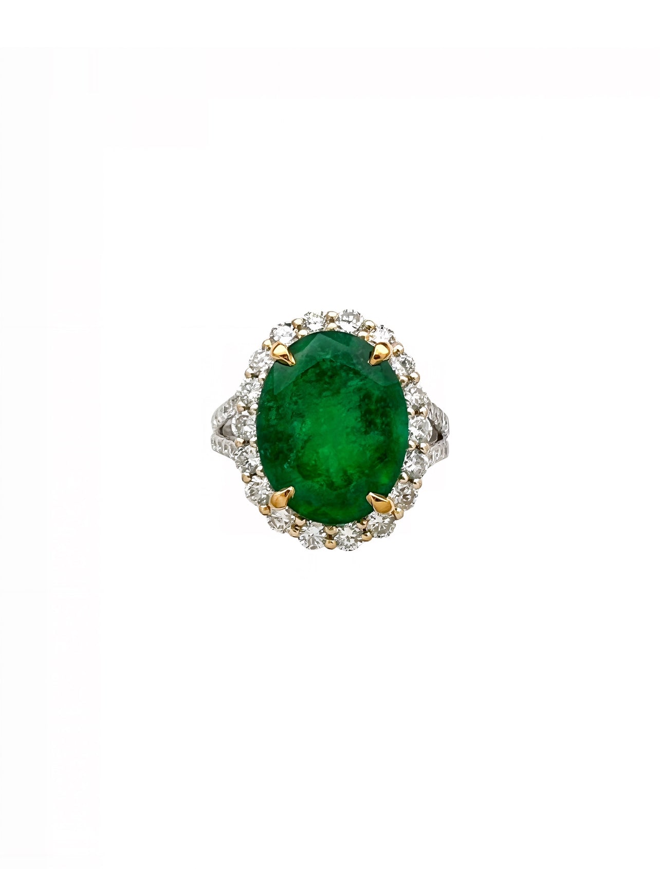 6.47 Carats Brazilian Emerald F1 (Certified) & 1.44 Carats Diamond Halo Ring – 14K white & Yellow Gold Ring
