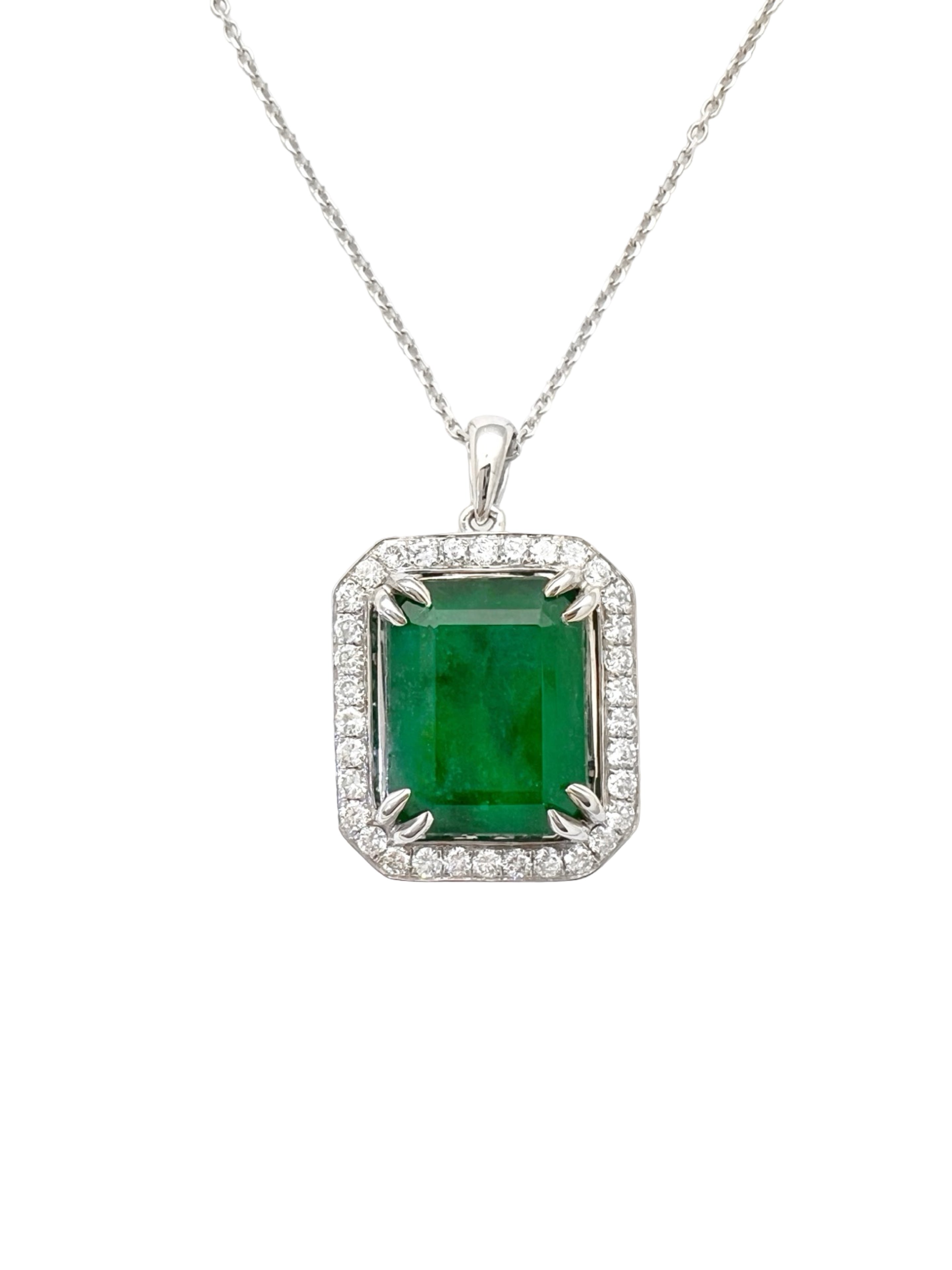 6.05 Carats Brazilian Emerald No-Oil (Certified) & 0.55 Carats Diamonds VS2 Set In 14 Karat White Gold Pendant Includes 14 Karat Chain 18 Inches