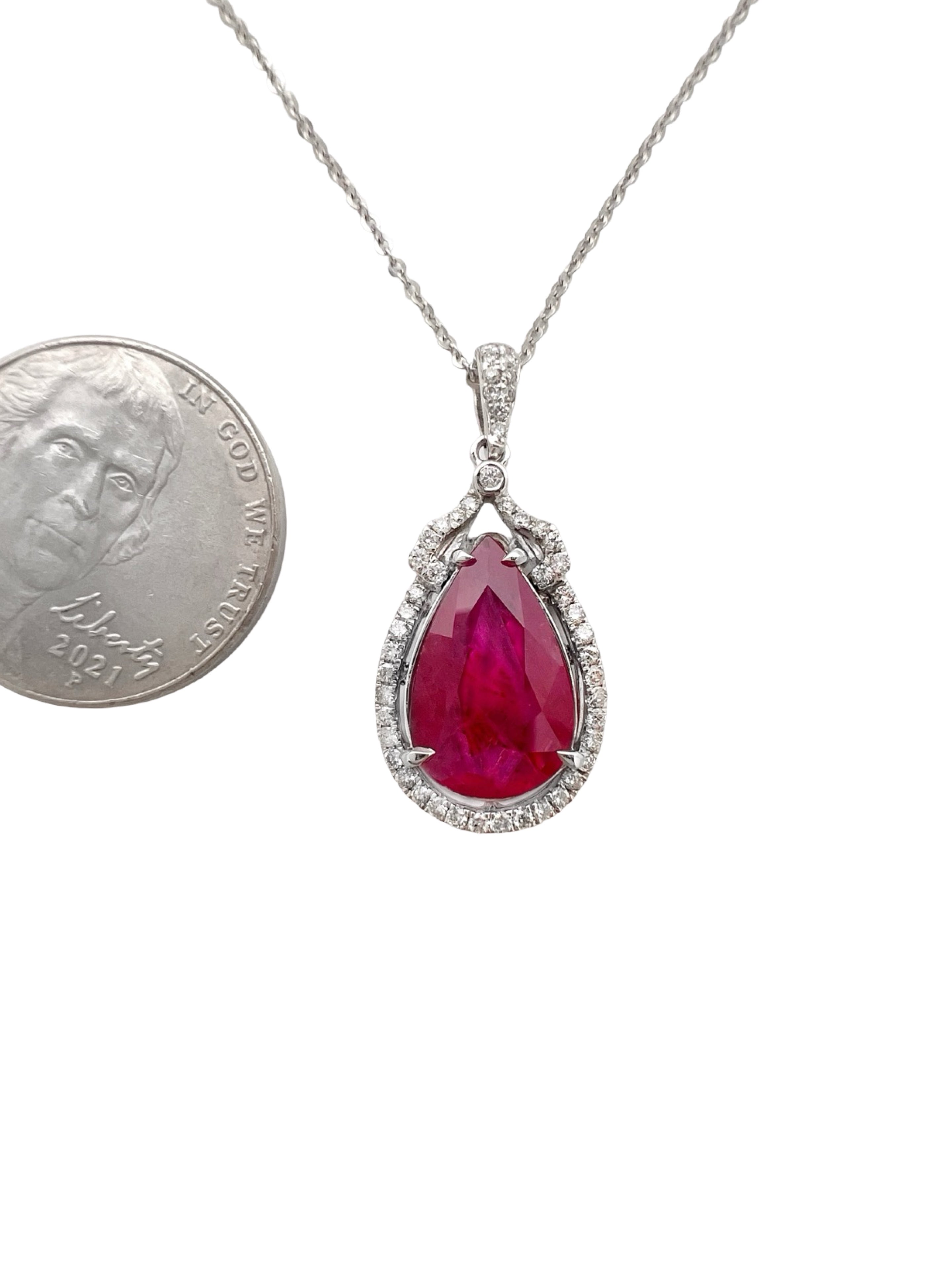 3.11 Carats Ruby Heated GIA (Certified) & 0.51 Carats Diamonds VS2 Set In 14 Karat White Gold Pendant With 14 Karat Chain 18 Inches