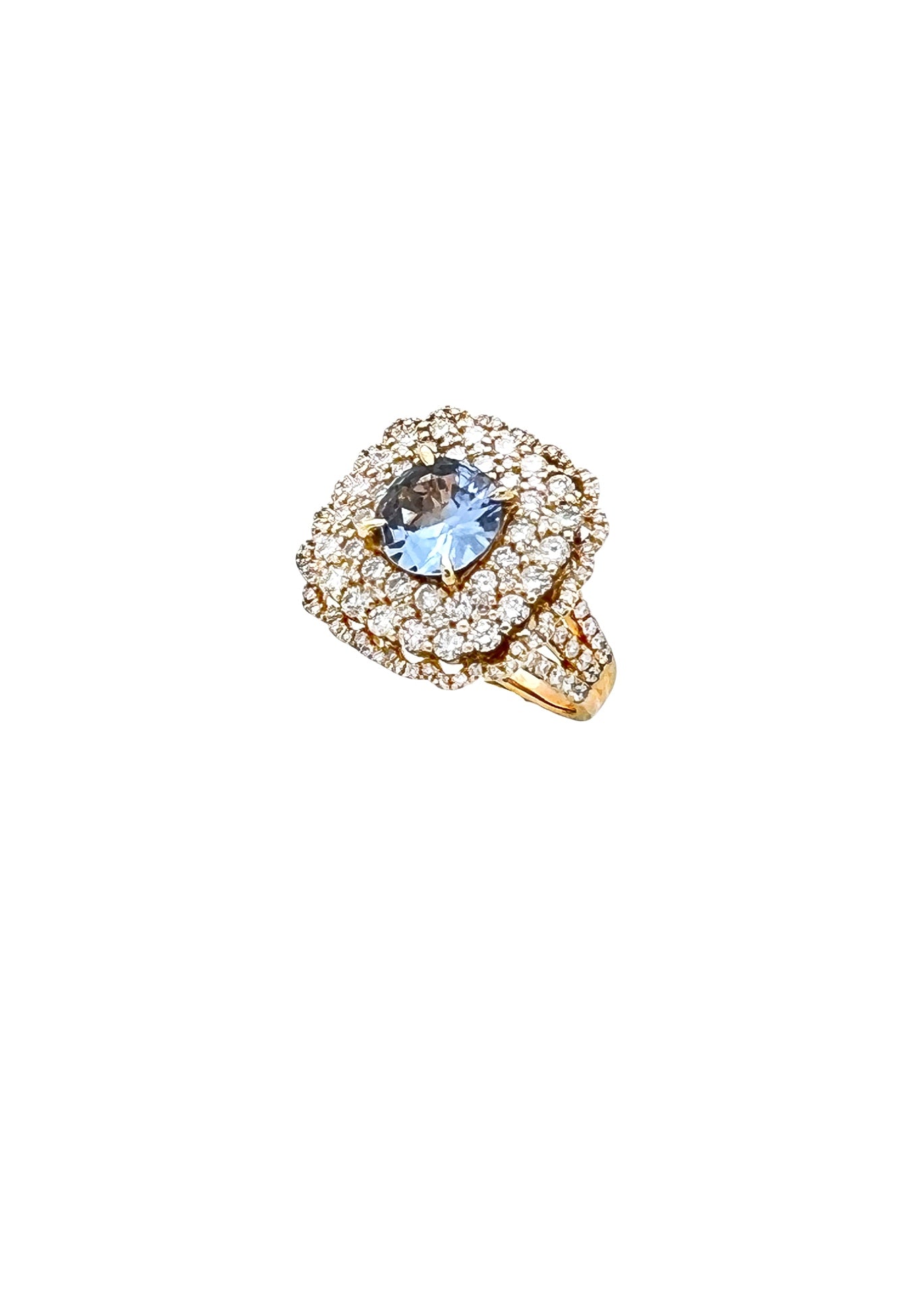 2.03 Cts Sapphire Unheated(Violetish Blue) 2.74 Cts Diamonds 14K Yel-Gold Ring