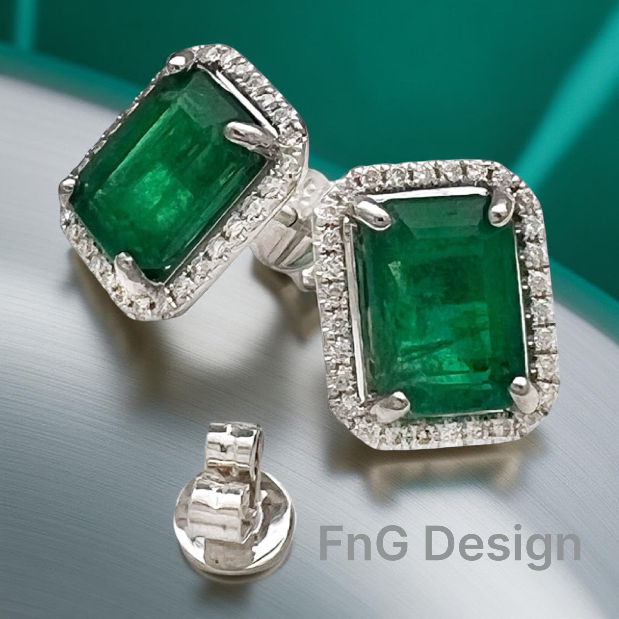 4.47 Carats Brazilian Emeralds F2 (Certified) & 0.42 Carats Diamonds Set 14k White Gold Earrings