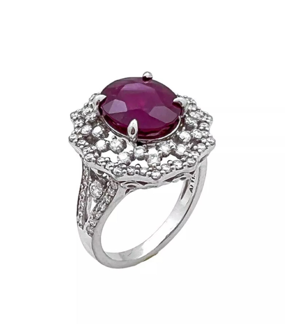 4.842 Cts Ruby Burma (Certified) and 1.43 Cts Diamond 14K White Gold Ring
