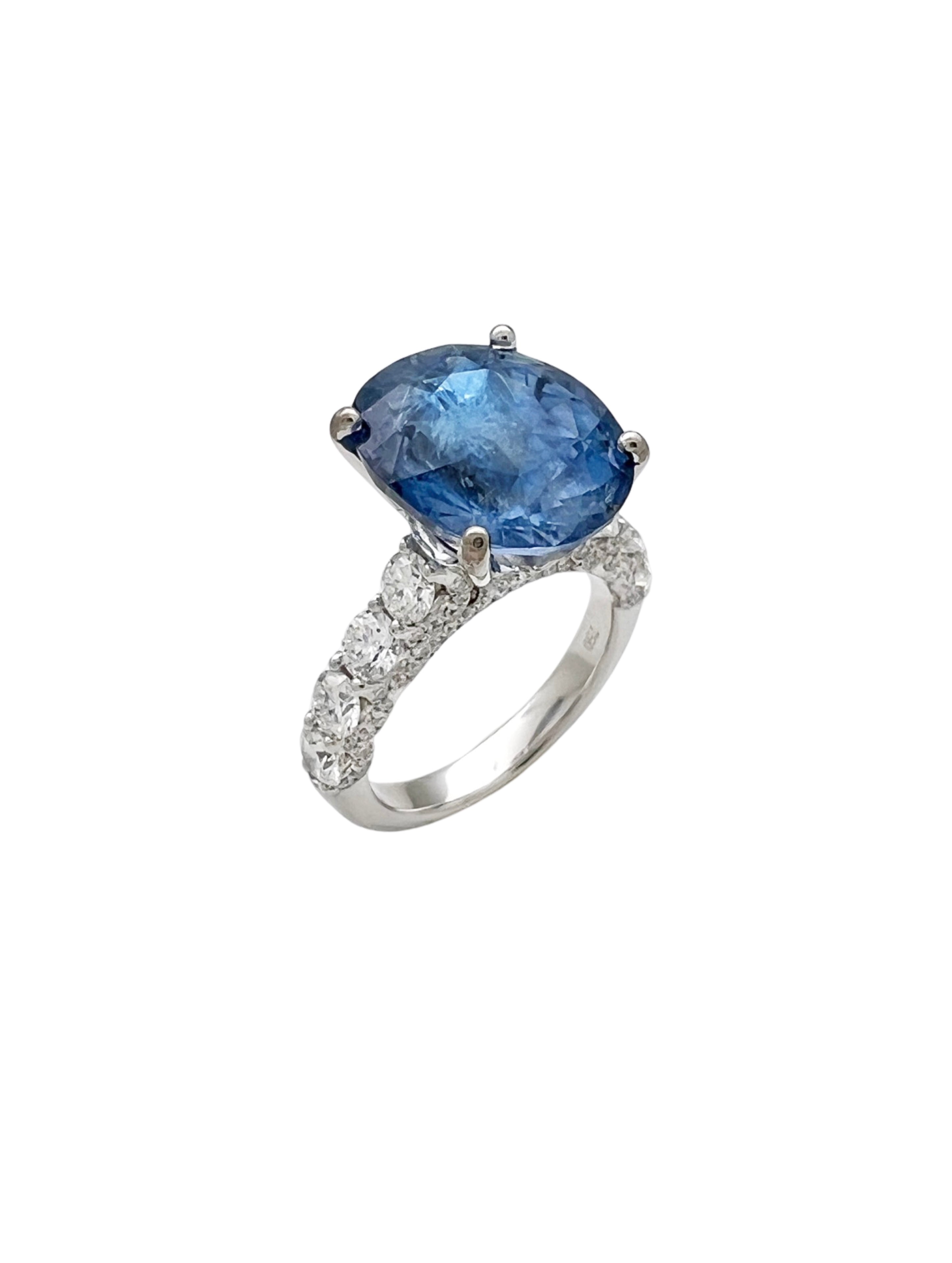 8.90Cts Unheated Lt-Med Blue Sapphire W/ 1.76Cts Diamond 18K White Gold Ring