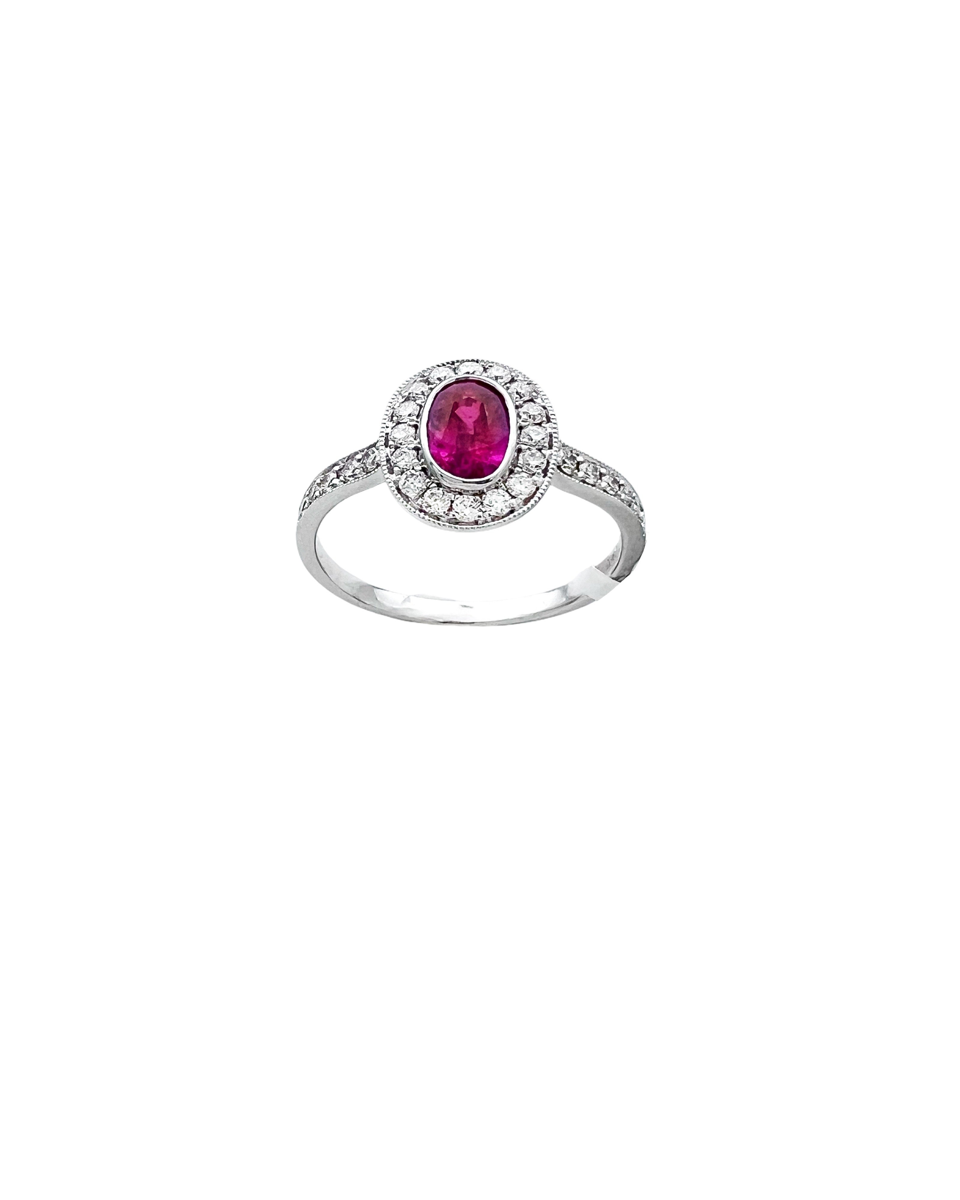0.29 Carats Diamond VS2 & 0.76 Carats Red Ruby Set In 14 Karat White Gold Ring