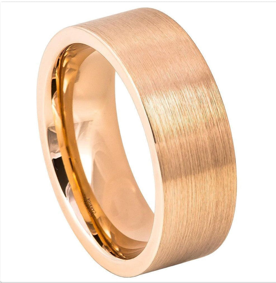 Rose Gold Tungsten Carbide 8mm ion Plating Flat Brushed Pipe Cut Ring