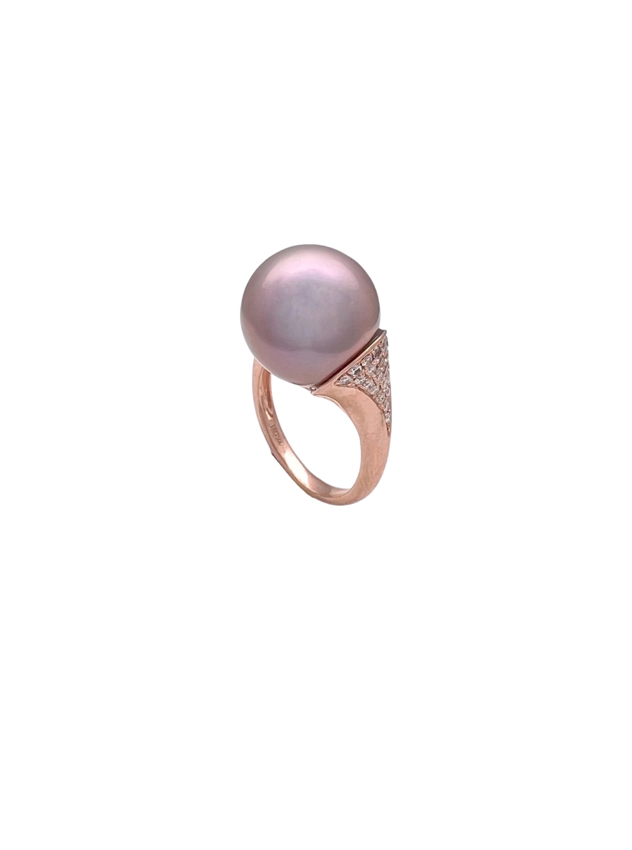 12.6MM Certified Aubergine South Sea Pearl & 0.31 Carats Diamonds Set In 18 Karat Rose Gold Ring