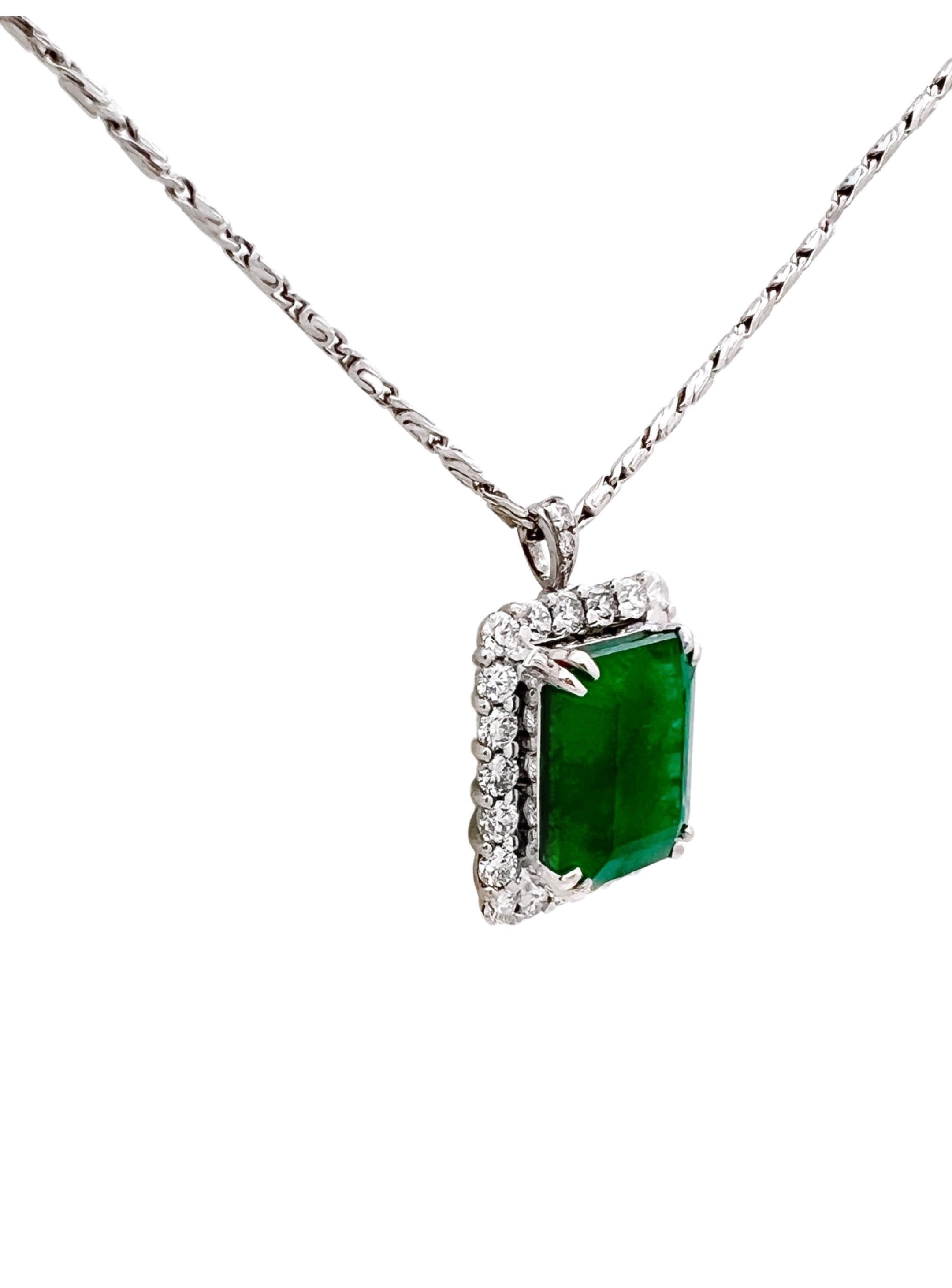 9.508 Carats  Emerald No-Oil  Brazilian (Certified) & 2.12Cts Diamonds Set In 18 Karat White Gold Ring Or Pendant