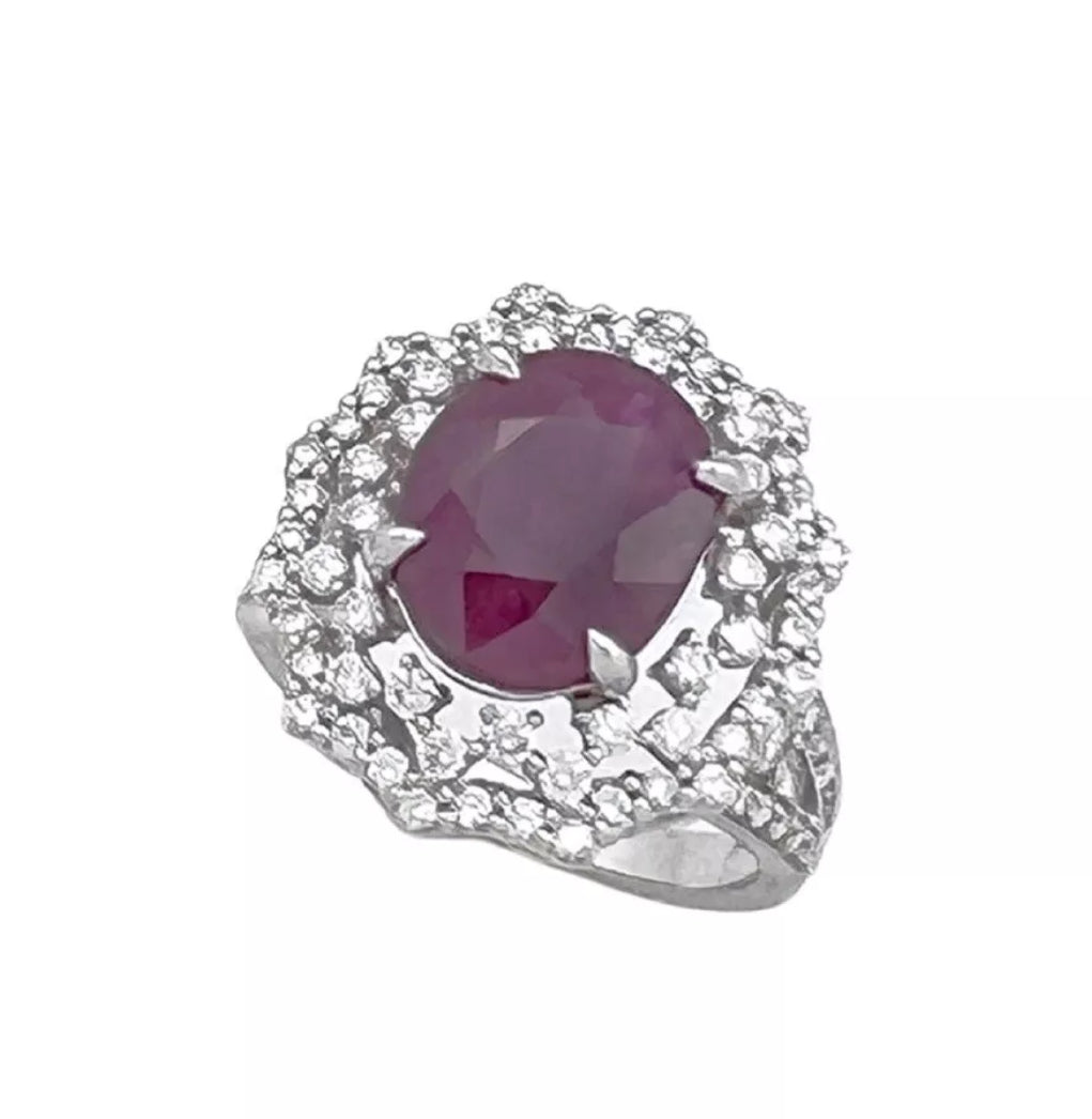 4.842 Cts Ruby Burma (Certified) and 1.43 Cts Diamond 14K White Gold Ring