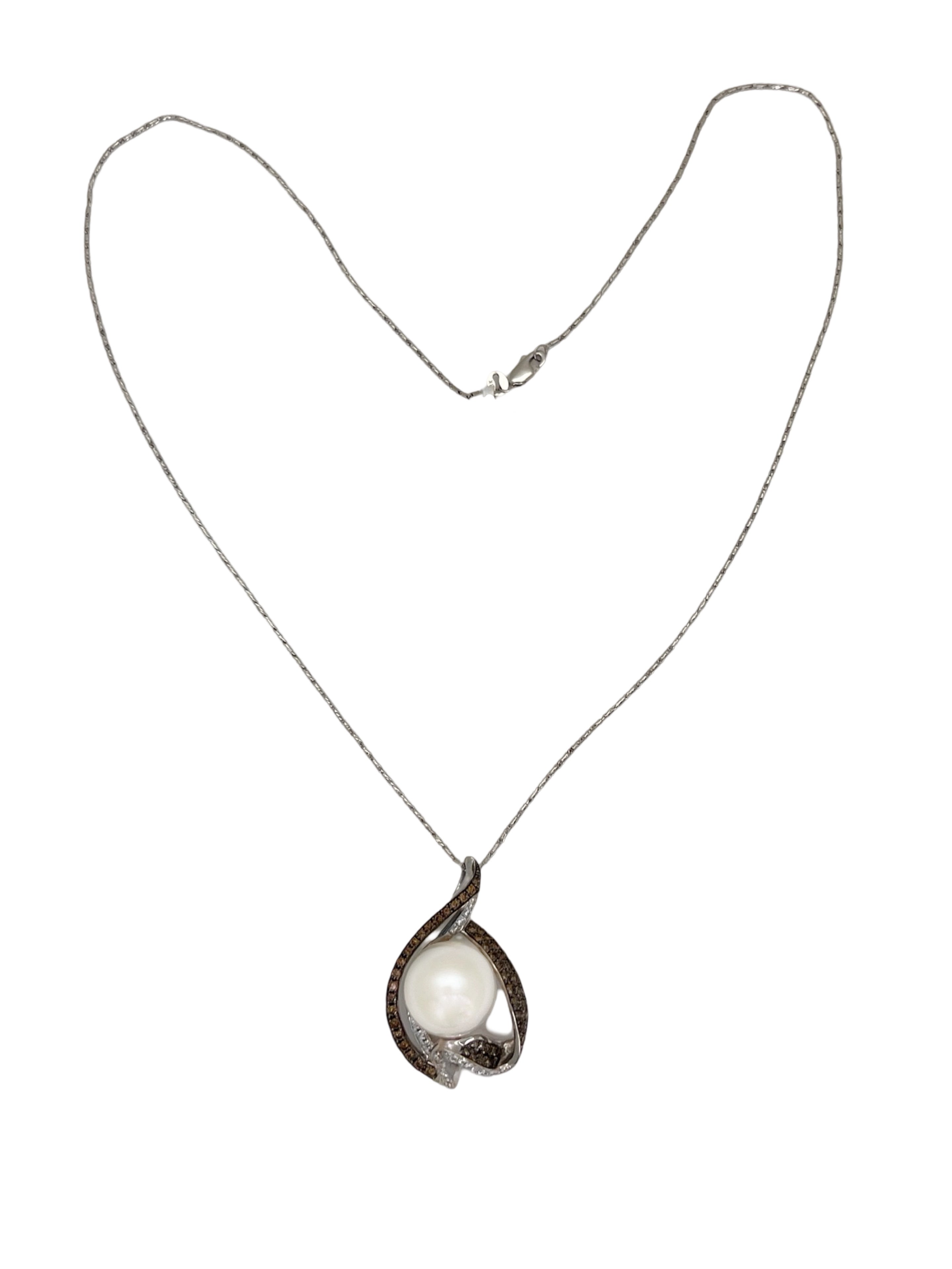 White South Sea Pearl & 1.03 Carats Of Chocolate-White Diamonds Set in 18 Karat White Gold Pendant & Chain Necklace