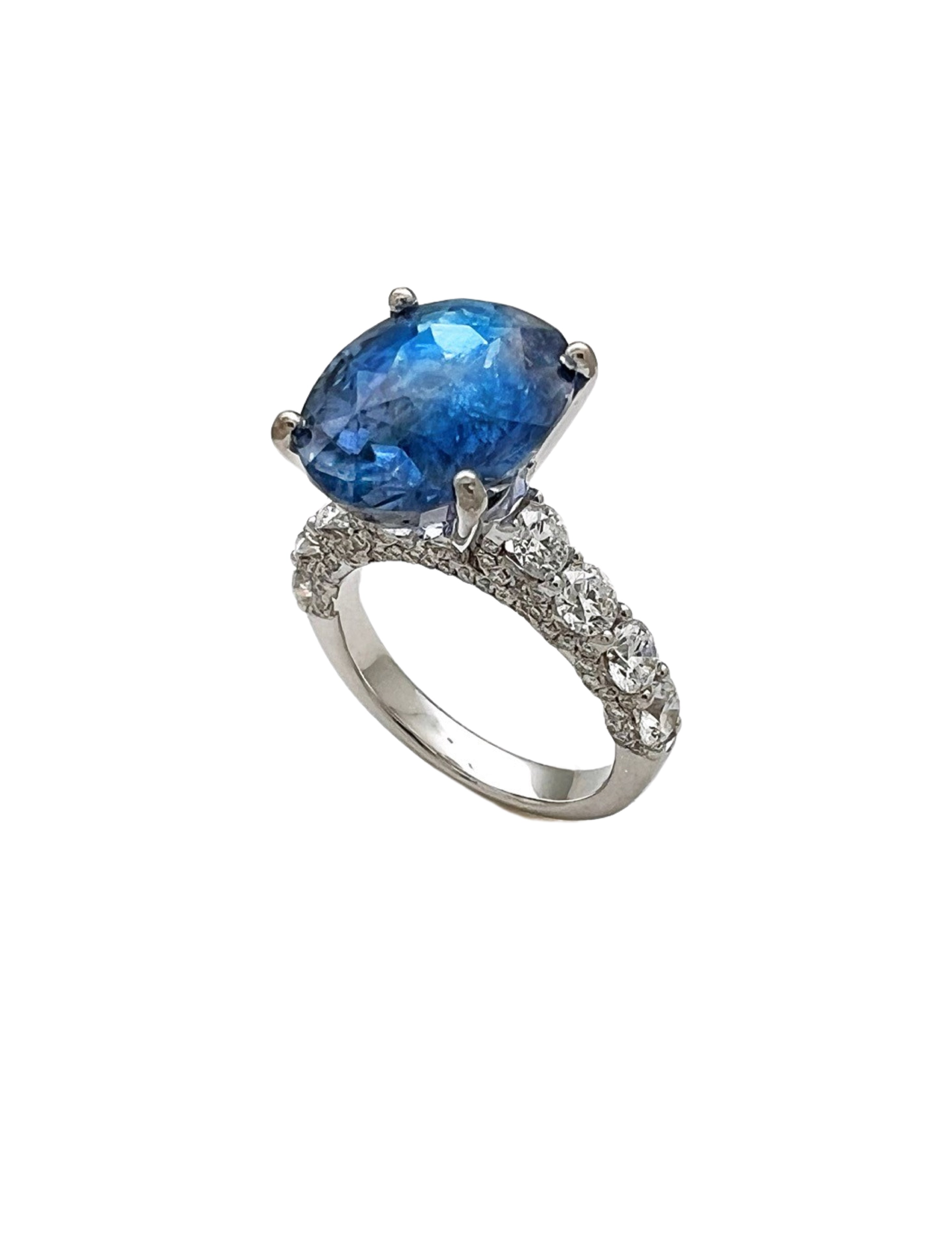 8.90Cts Unheated Lt-Med Blue Sapphire W/ 1.76Cts Diamond 18K White Gold Ring