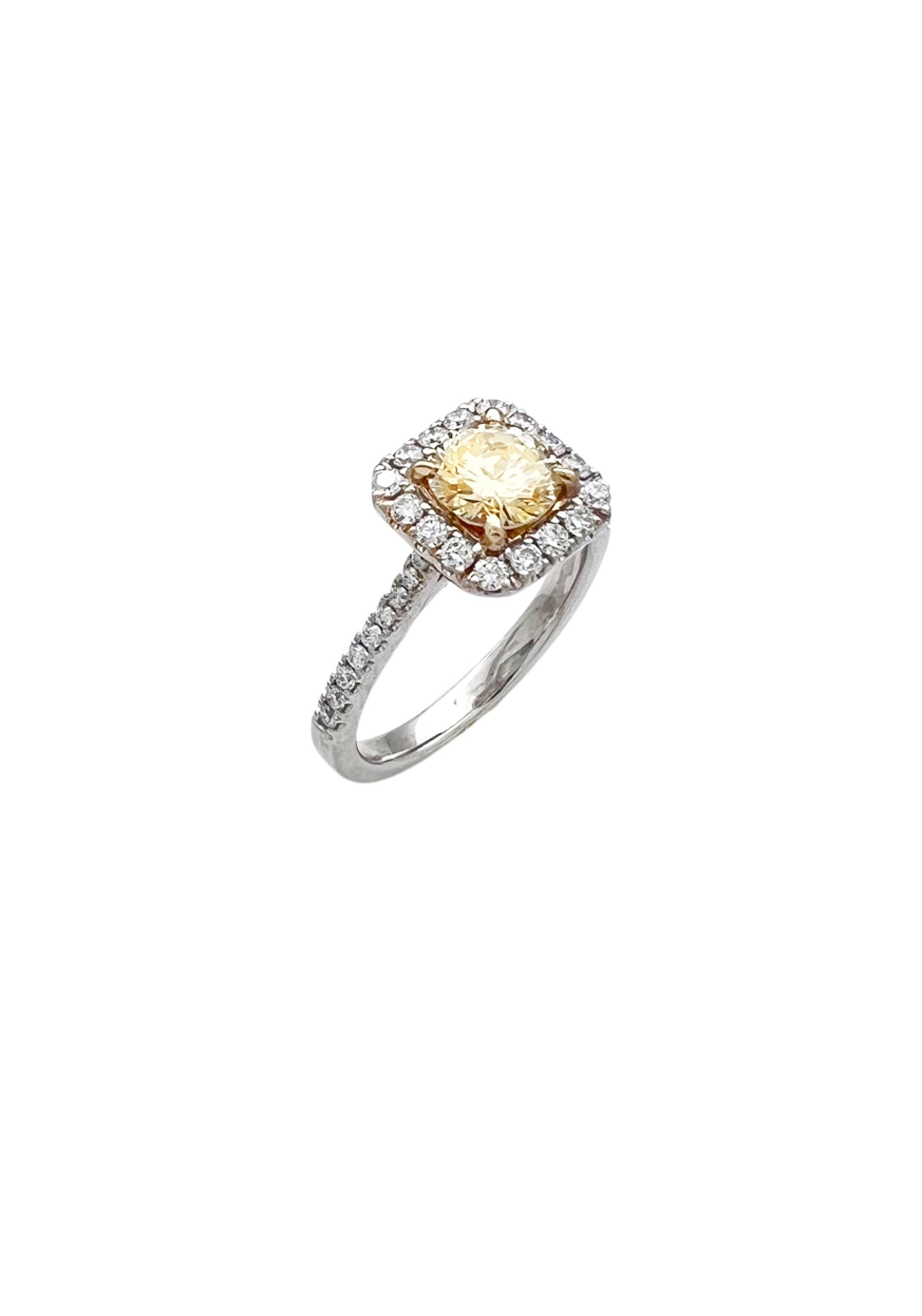 0.81 Carats Natural Diamond Light Yellow (Center Stone) SI1 Certified W/ 0.62 Carats Diamonds 18Kt White & Yellow Gold Ring