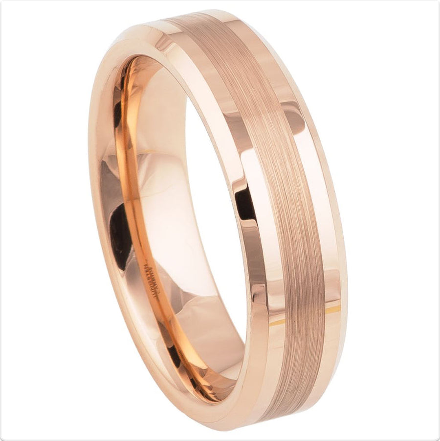 Rose Gold Tungsten Carbide 6mm ion Plating Flat Brushed Center hi-Polished Pipe Beveled Edge Ring