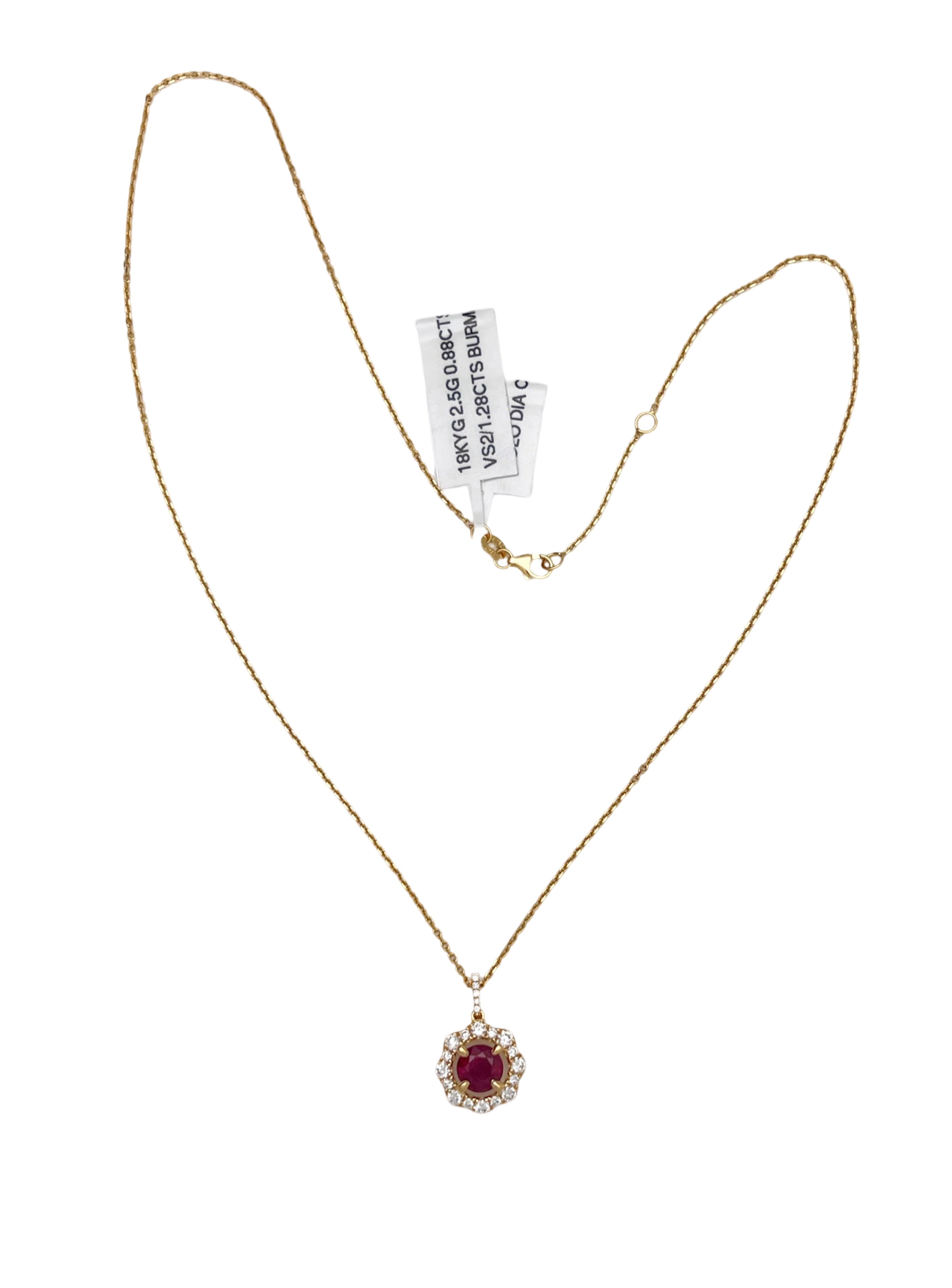 1.28 Carats Burma Ruby (Certified) & 0.88 Carats Diamond 18K Yellow Gold Pendant & Chain
