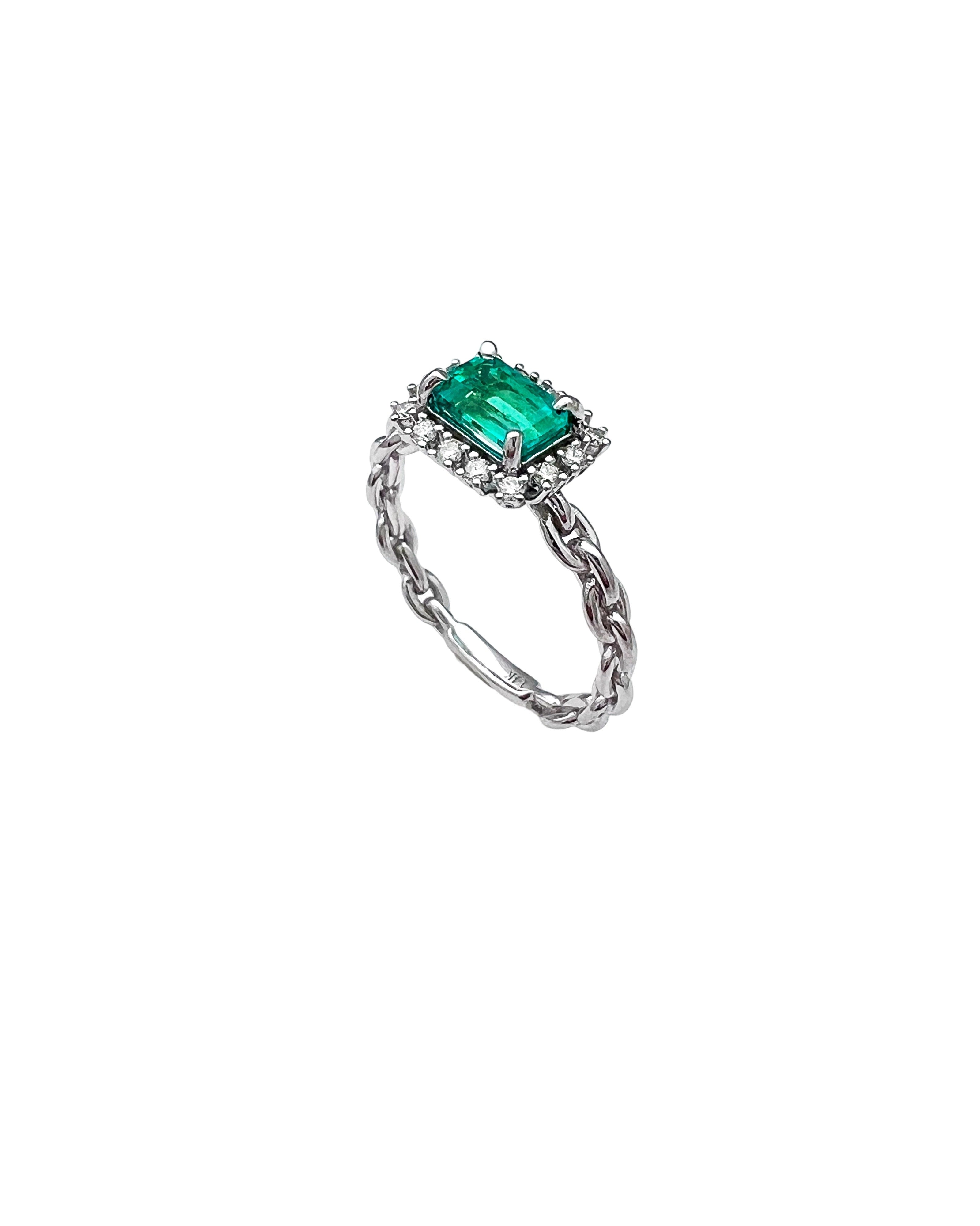 0.77 Carats Colombian Emerald F1 And 0.24 Carats Diamond VS2 Set 14 Karat White Gold Ring