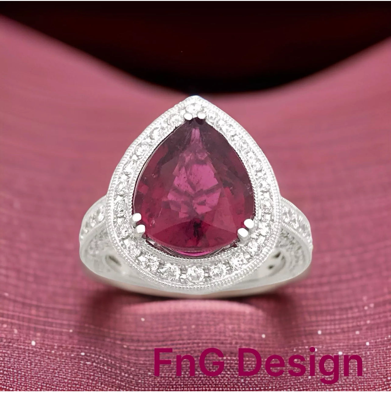 3.88Cts Rubellite Tourmaline (Certified) W/ 2.10Cts Diamonds 18K White Gold Ring