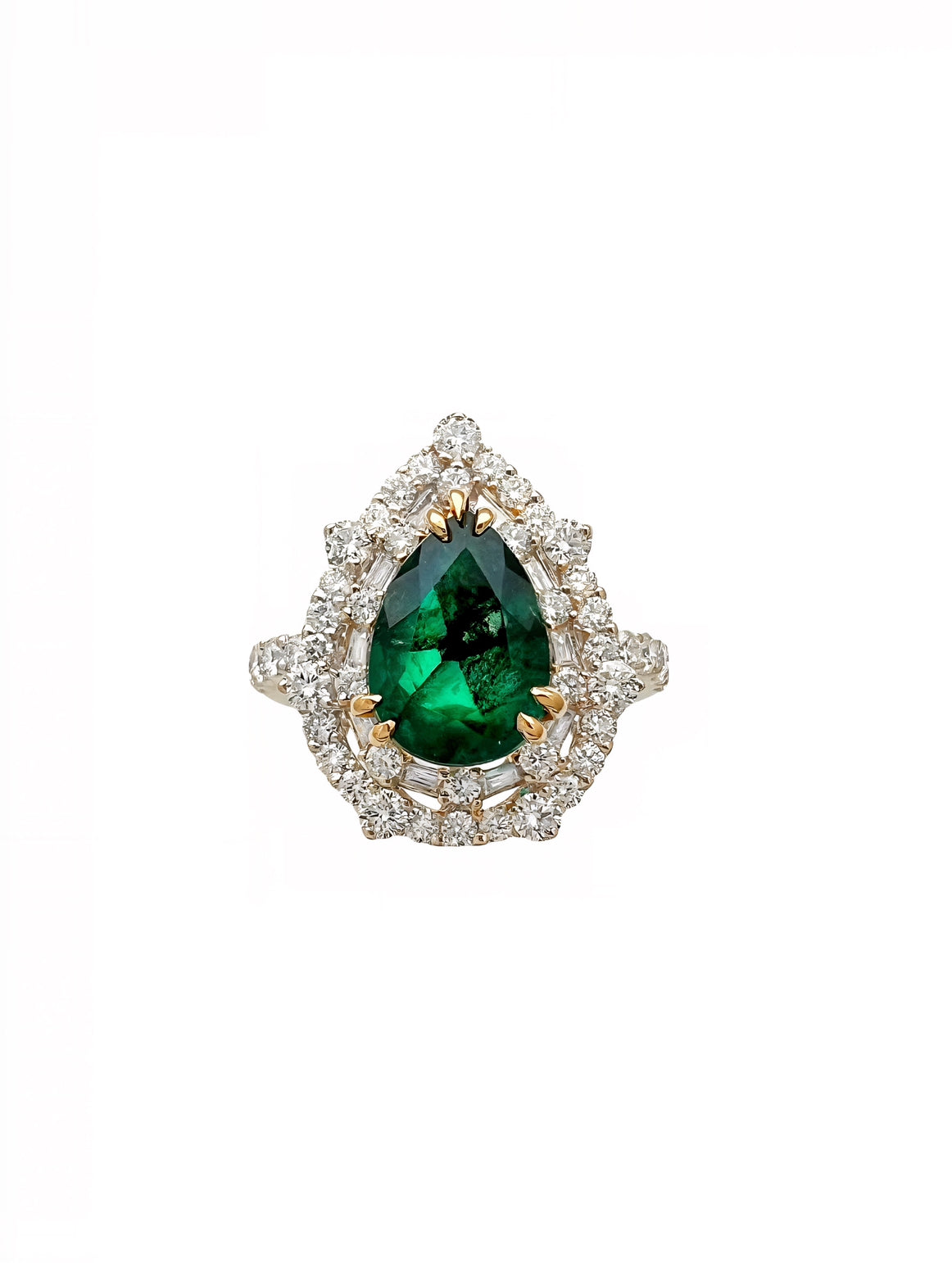 2.10 Carats Trapiche Colombian Emerald, No-Oil (Certified) & 1.28 Carats Diamonds VS2 Set 18K White & Yellow Gold Ring