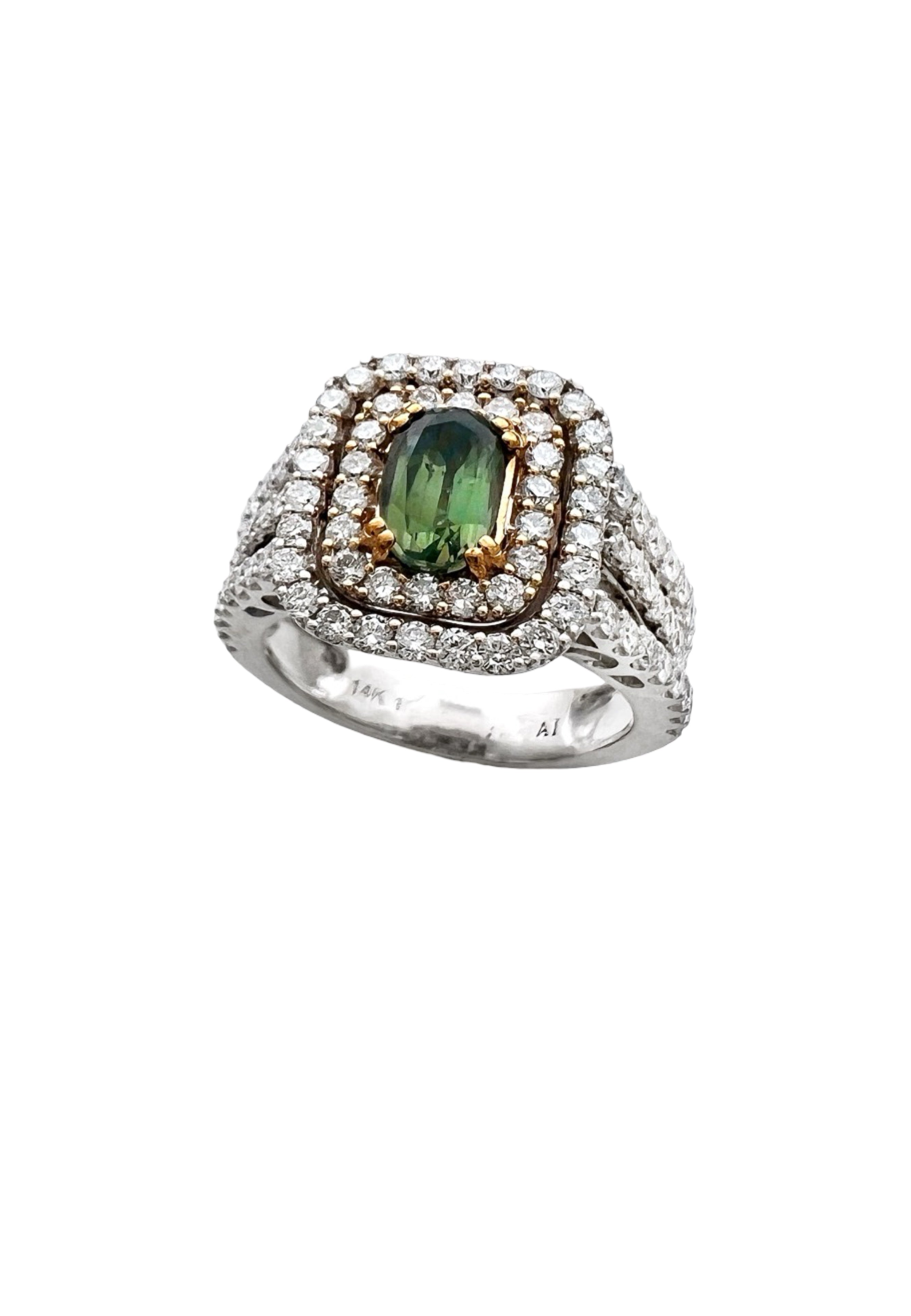 1.09 Carats Alexandrite GIA (Certified) & 1.72 Carats Diamonds VS2 Set In 14K white-Yellow Gold Ring