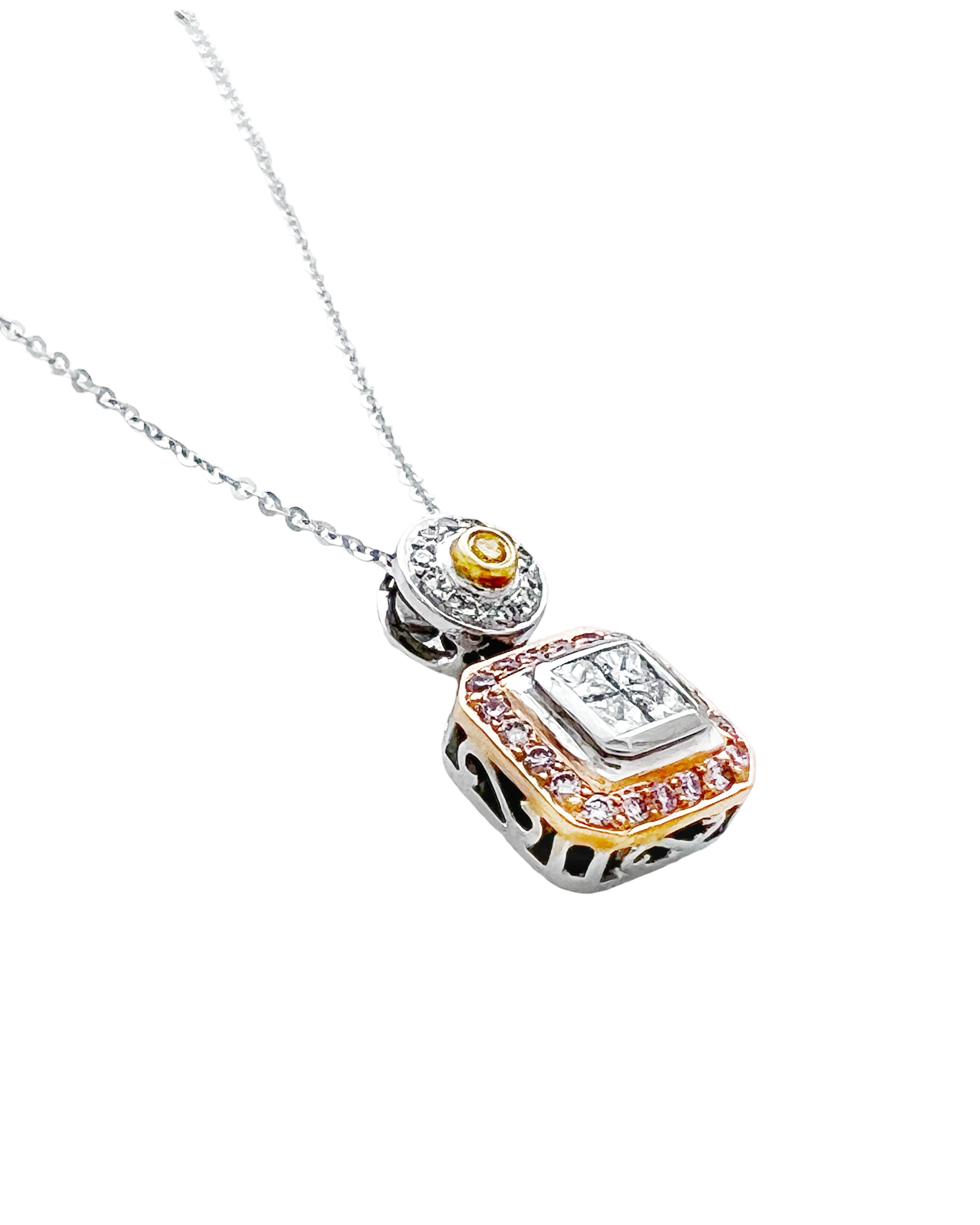 0.75 Carats Diamonds VS2 & 0.25 Carats Pink Diamonds & .03 Carats Yellow Diamonds Set In 18 Karat White Rose & Yellow Gold Pendant With Rolo Diamond-Cut Chain 18 Inches