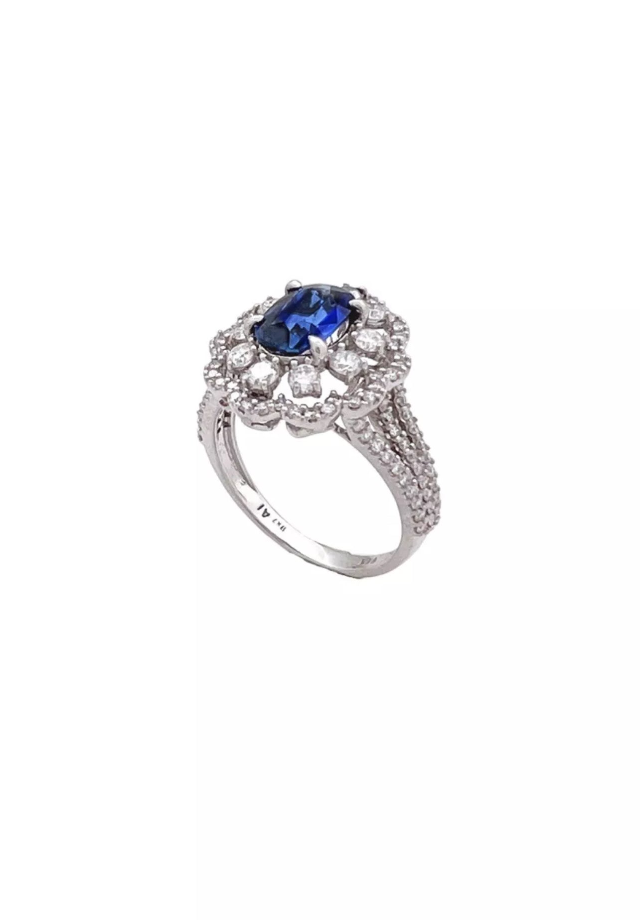 1.230 Carats Light-Dark Blue Ceylon Sapphire GIA (Certified) W/ 1.42 Carats Diamonds, 18K White Gold Ring