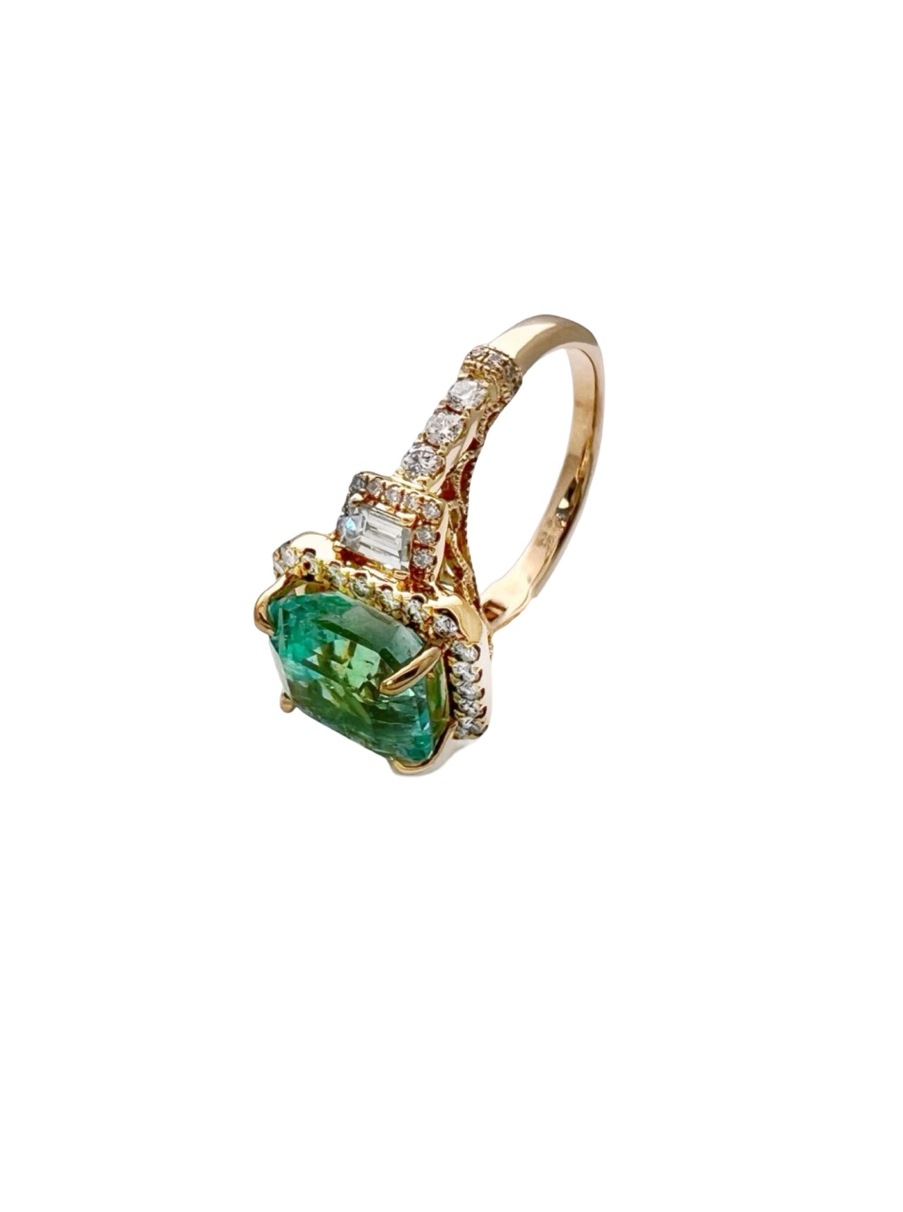 4.19 Carats Colombian Emerald No Oil (Certified) & 1.13 Carats Diamonds VS2 Set In 14 Karat Yellow Gold Ring