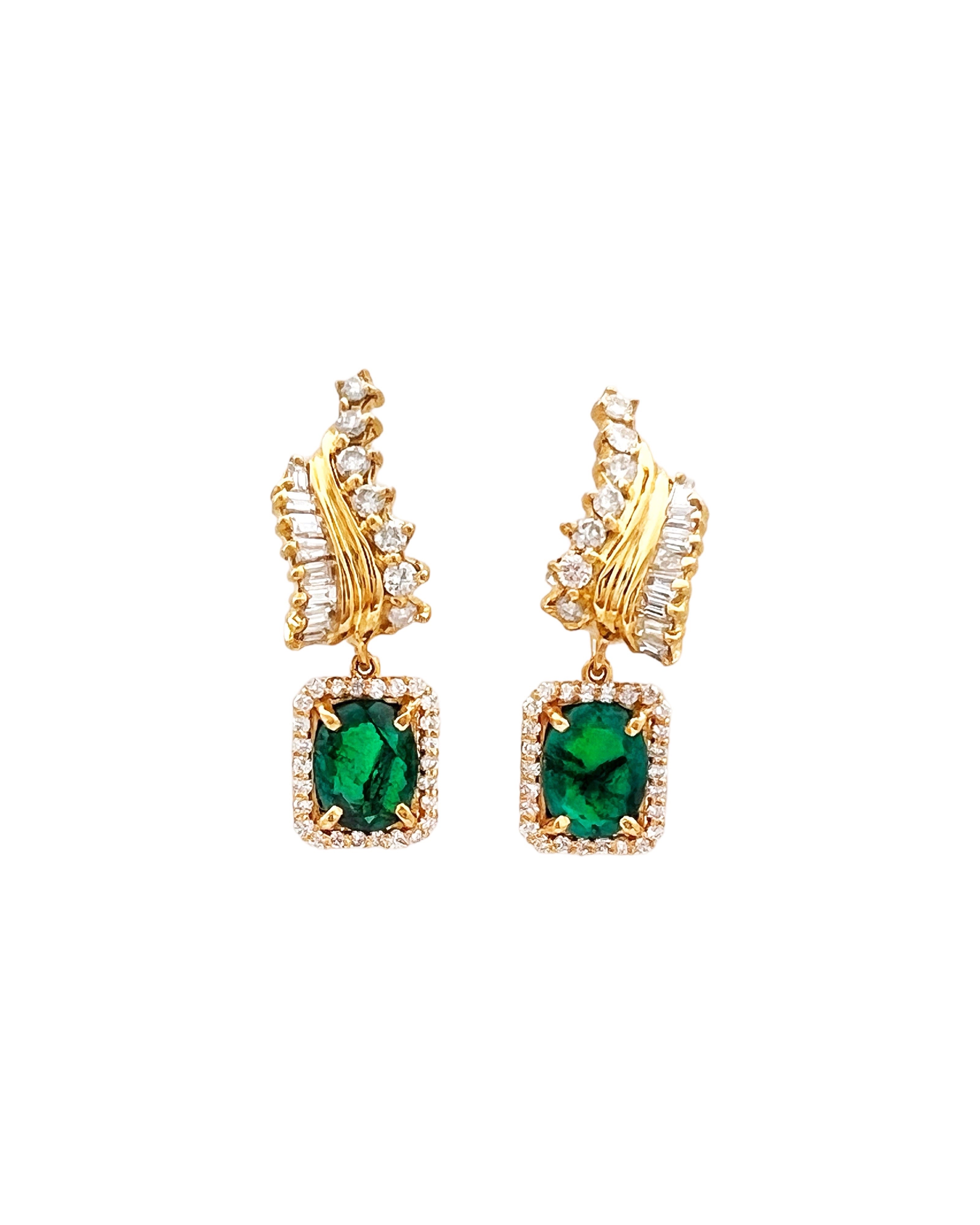 3.26Ct Trapiche Emerald F1-N/O (Col.)Certified & 2.01Ct Dia 18K Yel-Gold Earring