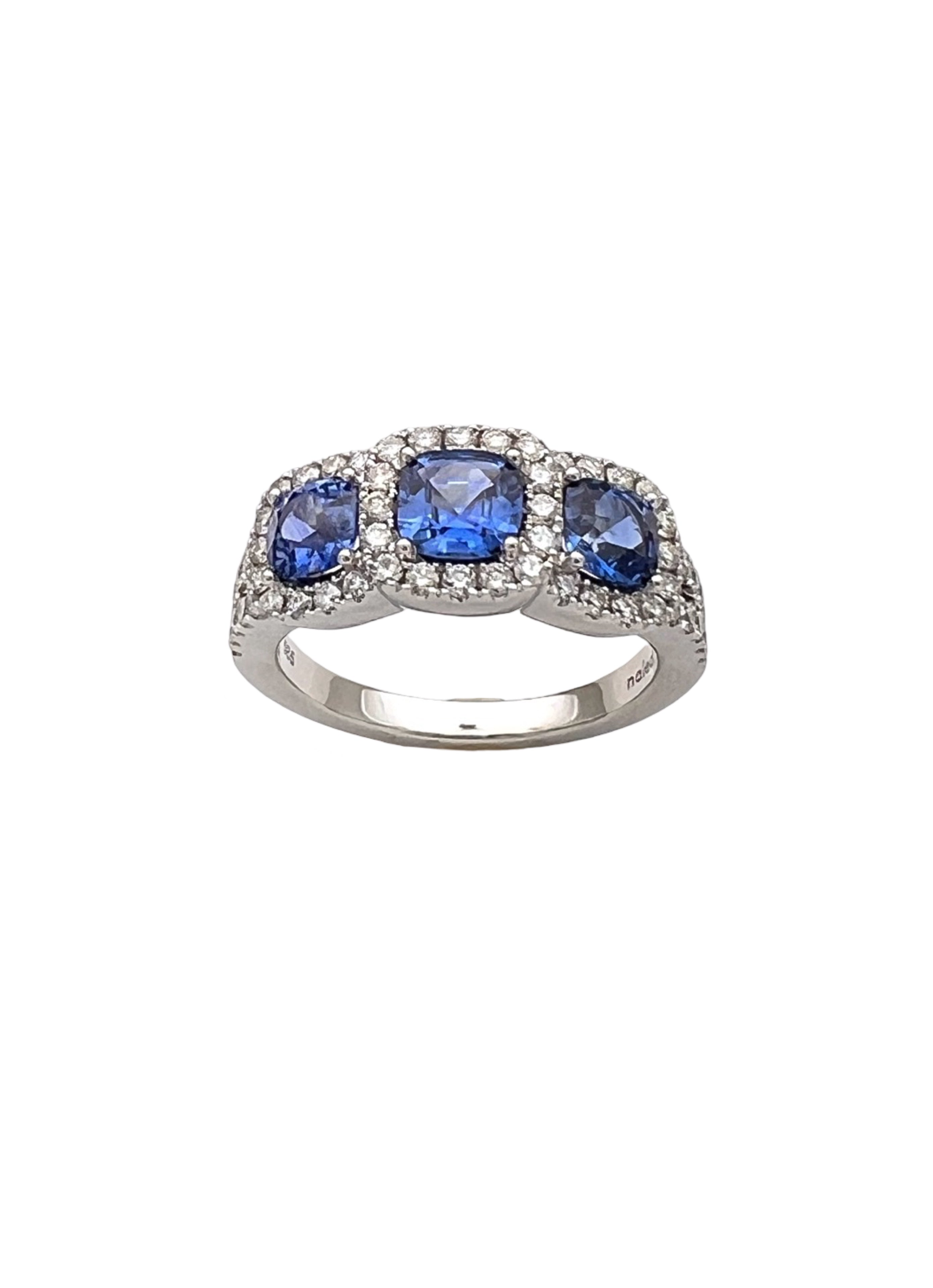 1.56Cts Sapphires Ceylon(Med Blue) 0.75Cts Diamonds 14K White Gold Ring