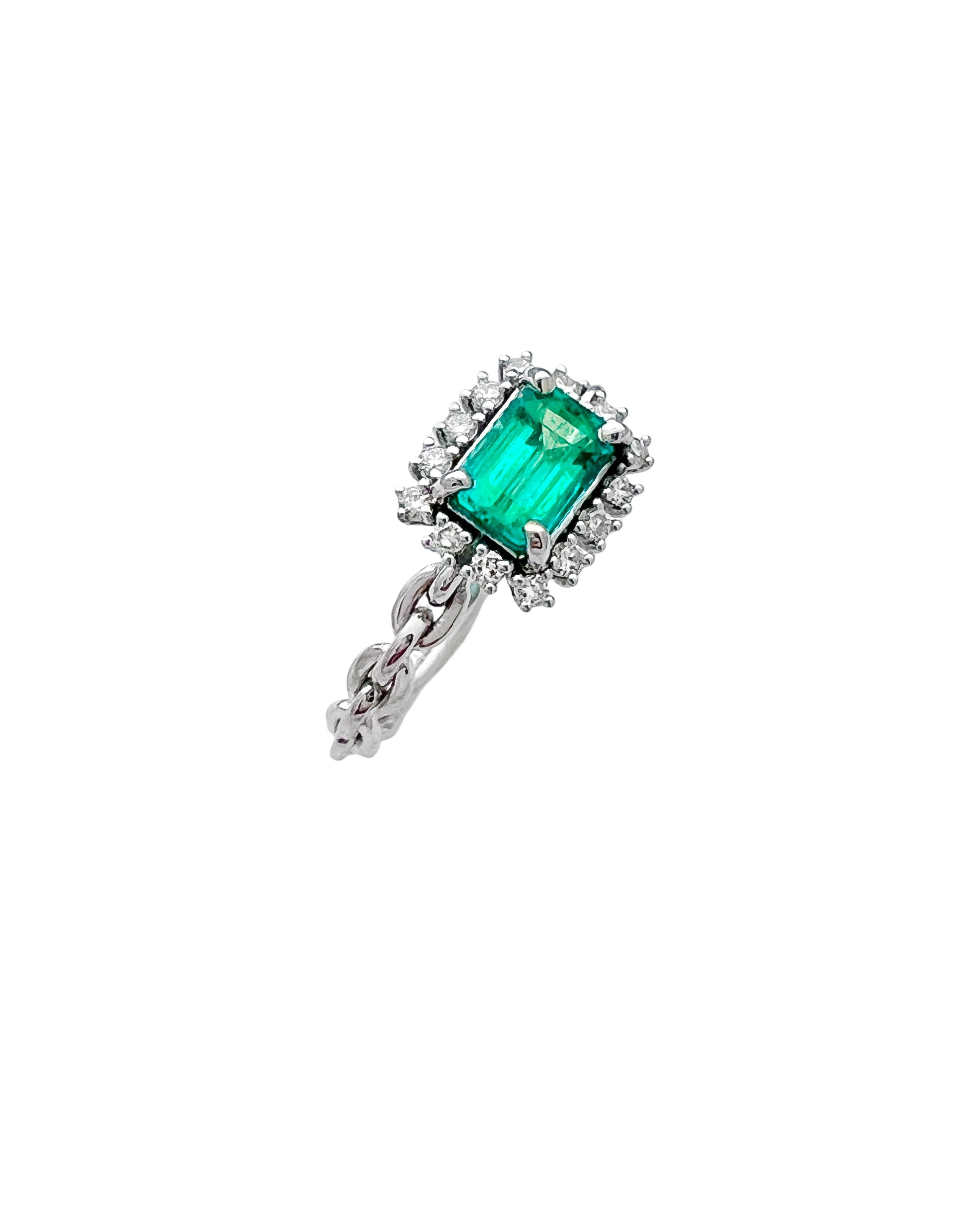 0.77 Carats Colombian Emerald F1 And 0.24 Carats Diamond VS2 Set 14 Karat White Gold Ring