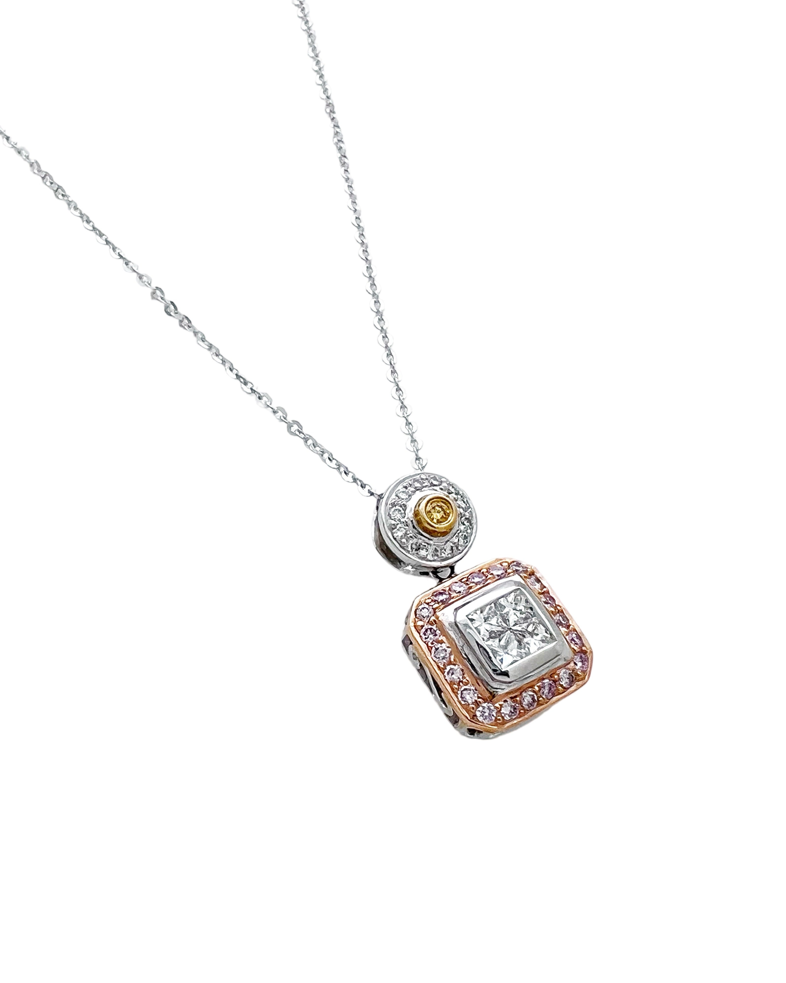 0.75 Carats Diamonds VS2 & 0.25 Carats Pink Diamonds & .03 Carats Yellow Diamonds Set In 18 Karat White Rose & Yellow Gold Pendant With Rolo Diamond-Cut Chain 18 Inches