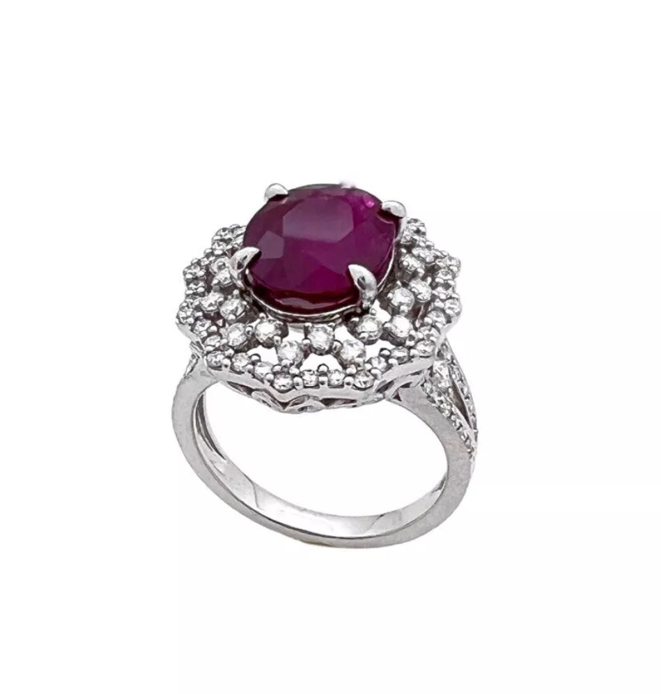 4.842 Cts Ruby Burma (Certified) and 1.43 Cts Diamond 14K White Gold Ring