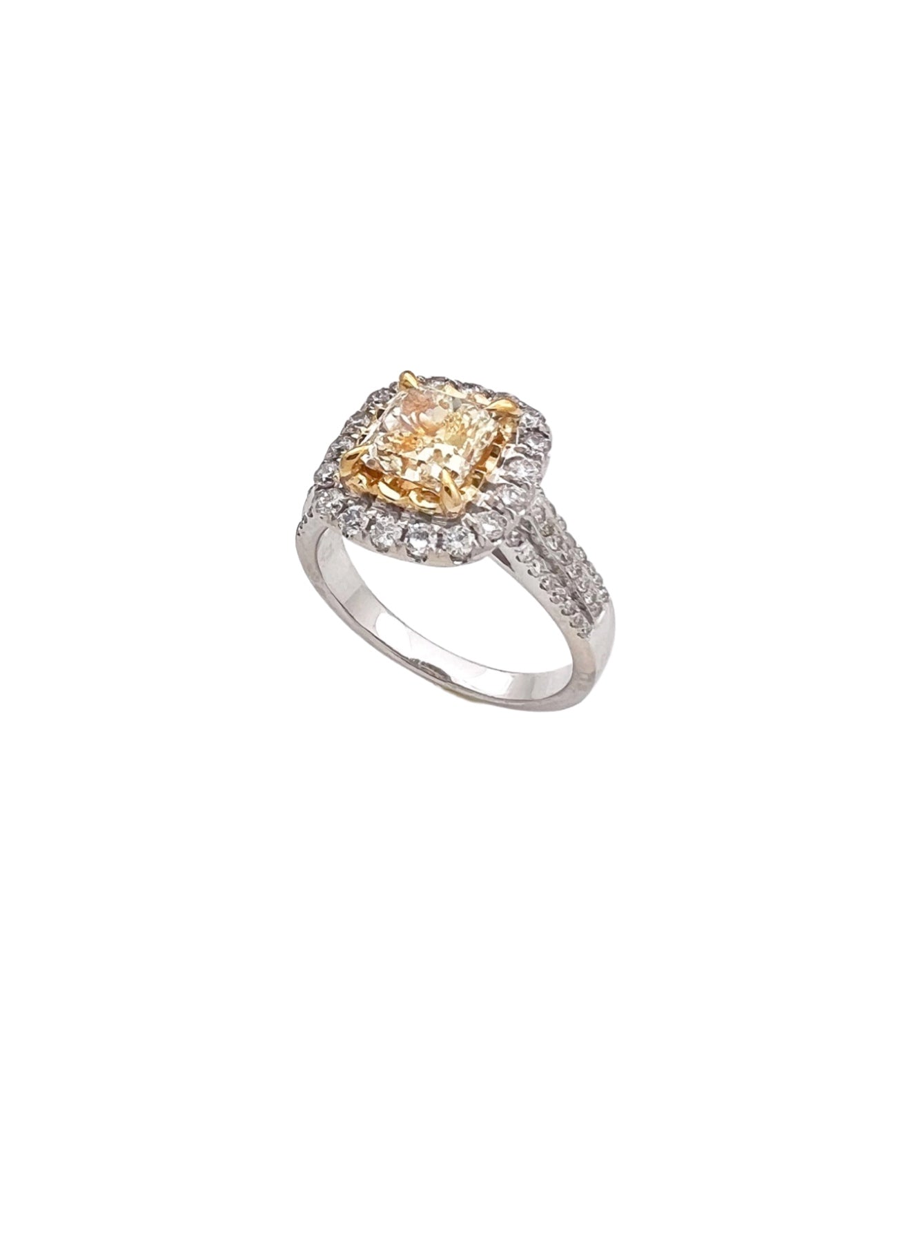 1.56 Carats Natural Diamond Faint Yellow (Center Stone) VS1 Certified W/ 0.84 Carats Diamonds 14Kt White & Yellow Gold Ring