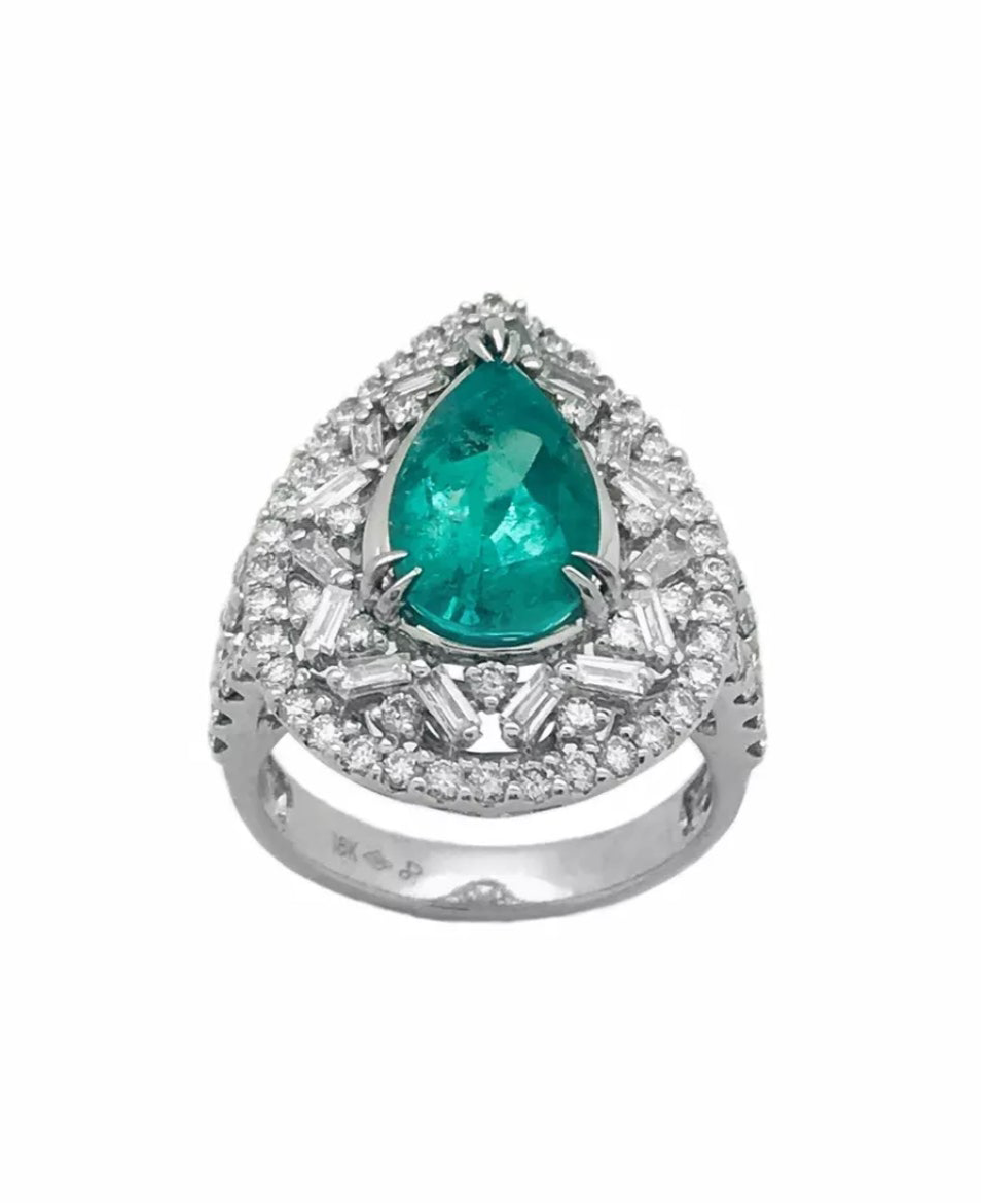 2.86 Cts. Emerald F2 (Colombian) Cert. & 1.92 Cts. Diamonds 18K White Gold Ring