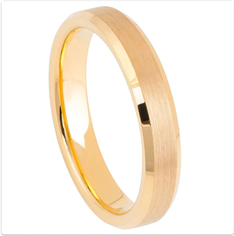 Gold Tungsten Carbide 4mm ion Plating Flat Brushed hi-Polished Bevel Ring