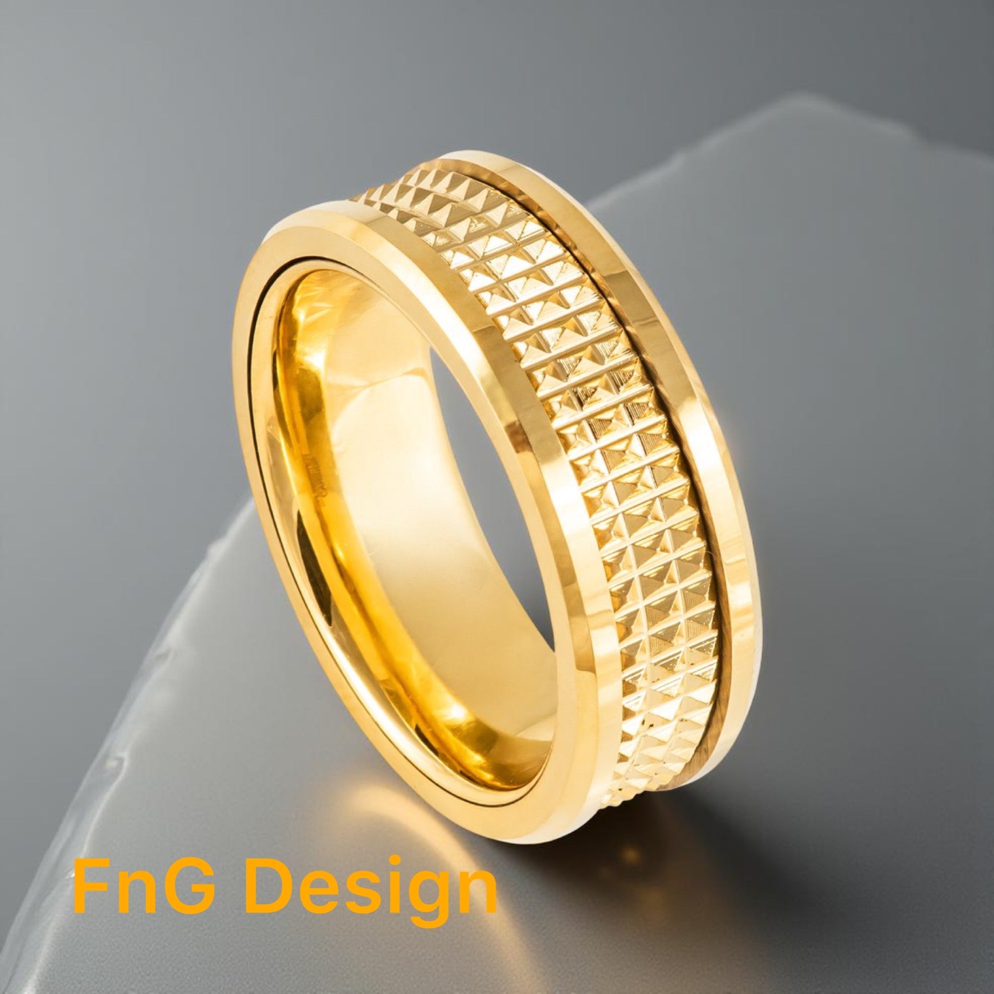 Gold Tungsten Carbide 8mm ion Plating Geometric Knurled Patterns hi-Polished Ring Double Bevel Edges