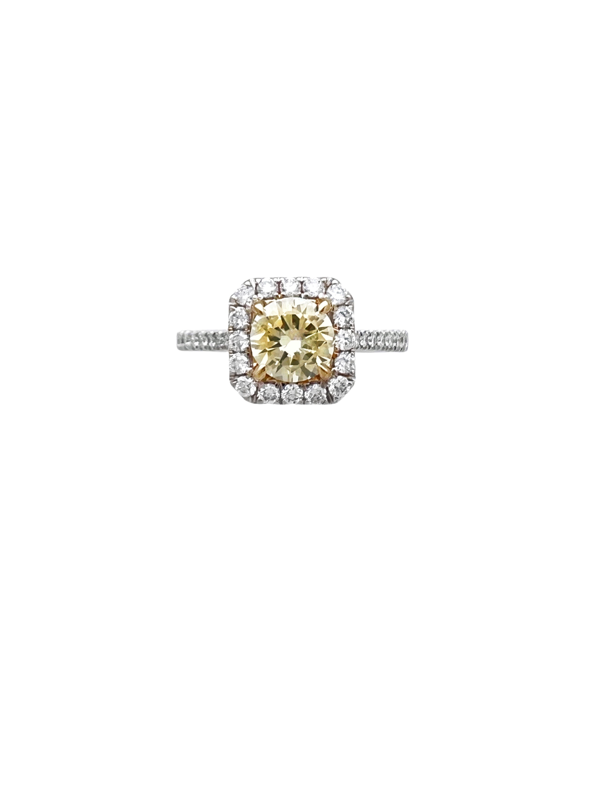 0.81 Carats Natural Diamond Light Yellow (Center Stone) SI1 Certified W/ 0.62 Carats Diamonds 18Kt White & Yellow Gold Ring