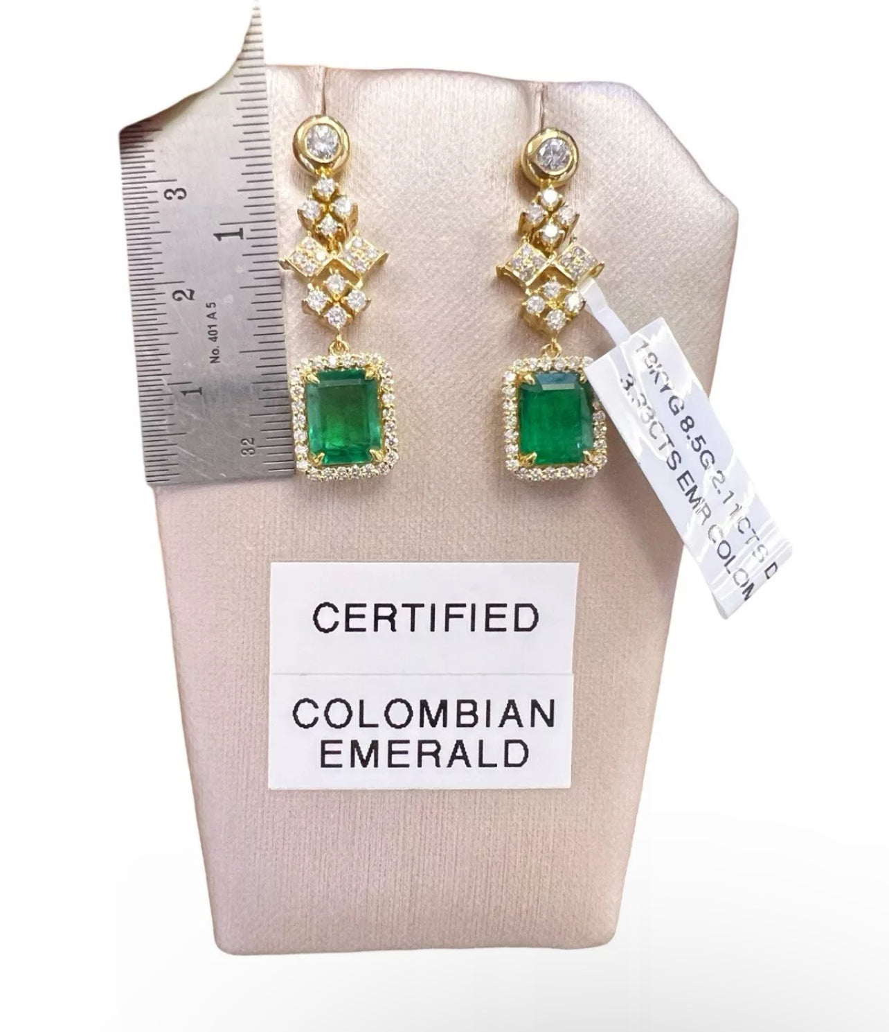 3.33 Ct Emerald F1-F2 (Columbian)Certified & 2.11 Ct Dia 18K Yellow Gold Earring