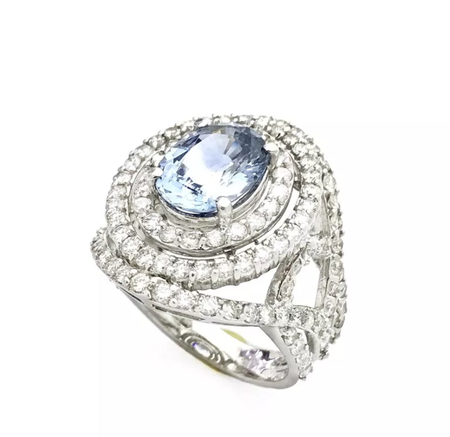 3.86Cts Sapphire Unheated(Lite Violetish-Blue) 2.65Cts Diamond 14K White Gold Ring