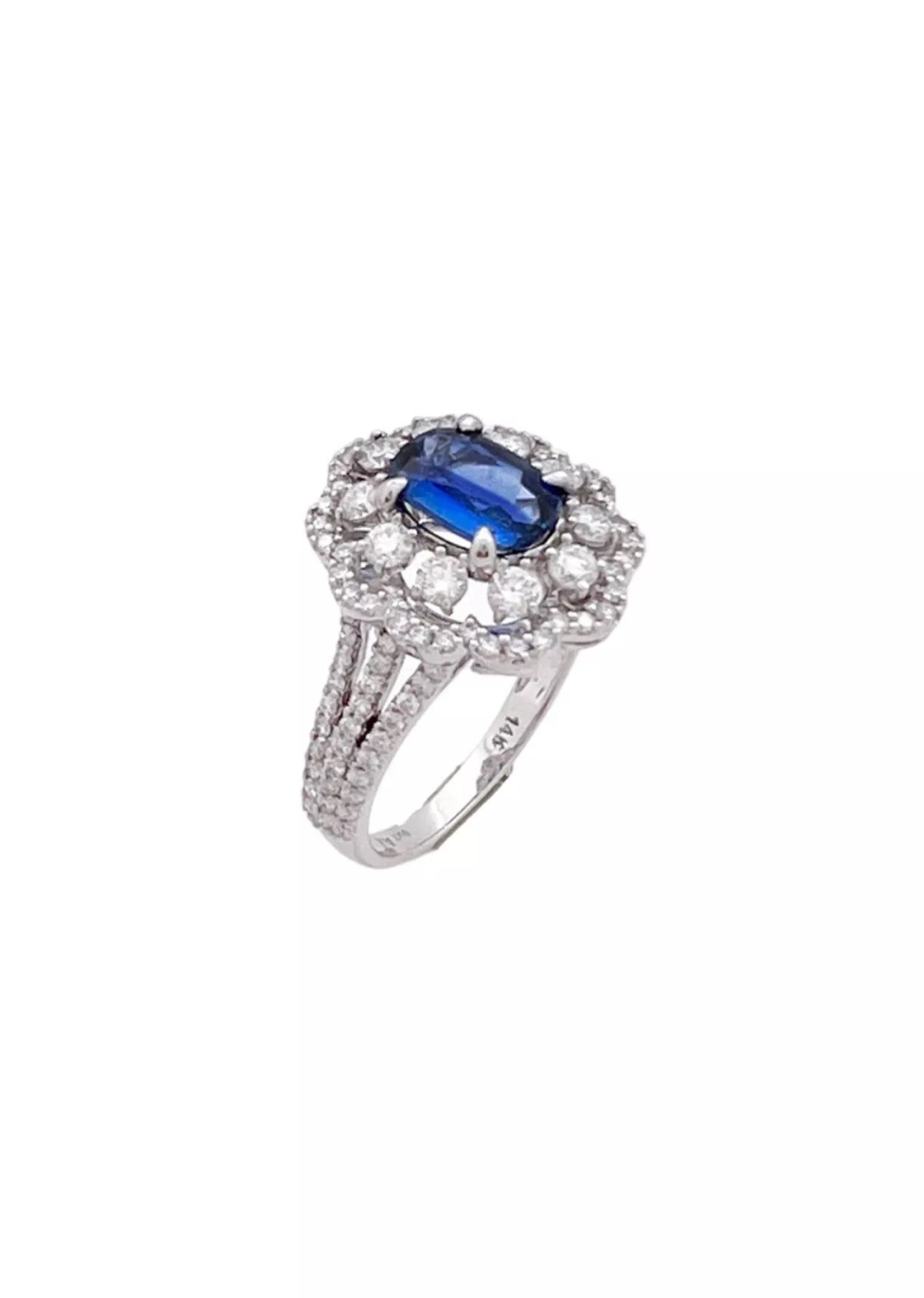 1.230 Carats Light-Dark Blue Ceylon Sapphire GIA (Certified) W/ 1.42 Carats Diamonds, 18K White Gold Ring