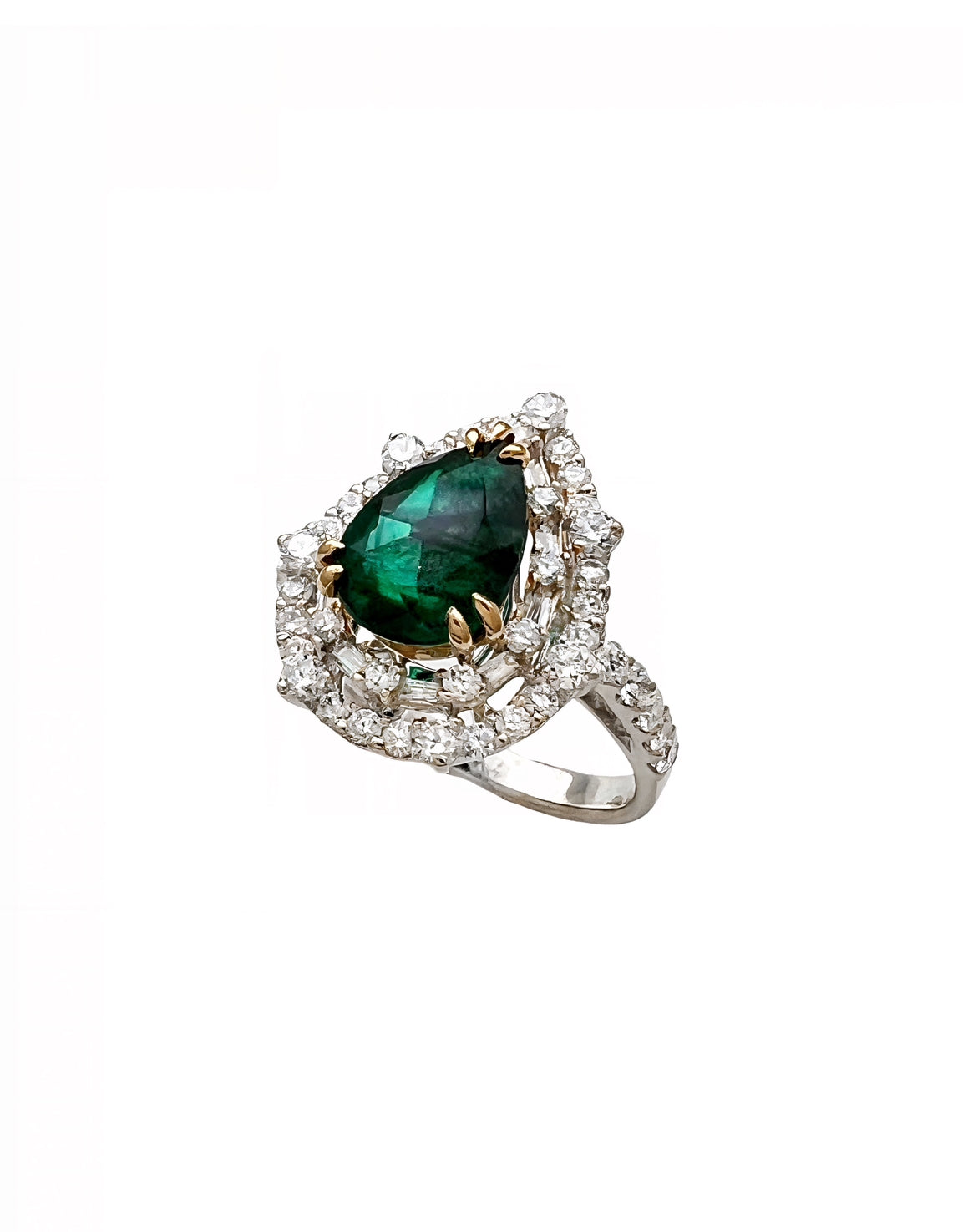 2.10 Carats Trapiche Colombian Emerald, No-Oil (Certified) & 1.28 Carats Diamonds VS2 Set 18K White & Yellow Gold Ring