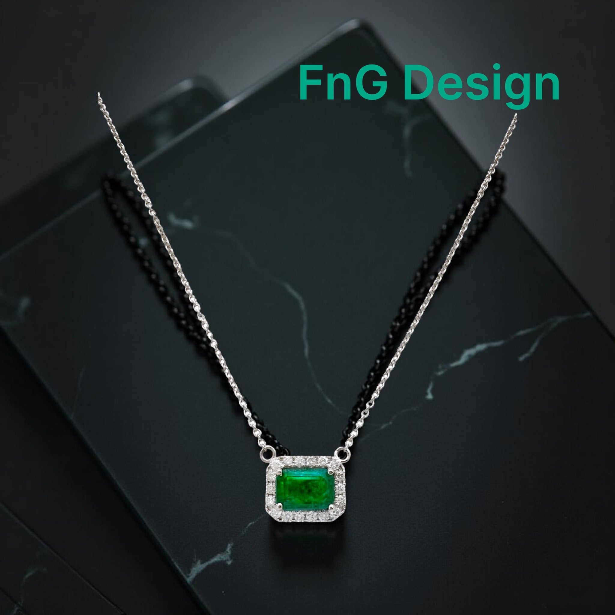 0.82 Cts Emerald F2 Brazilian Cert. & 0.31 Cts Diamond Necklace 14K White Gold