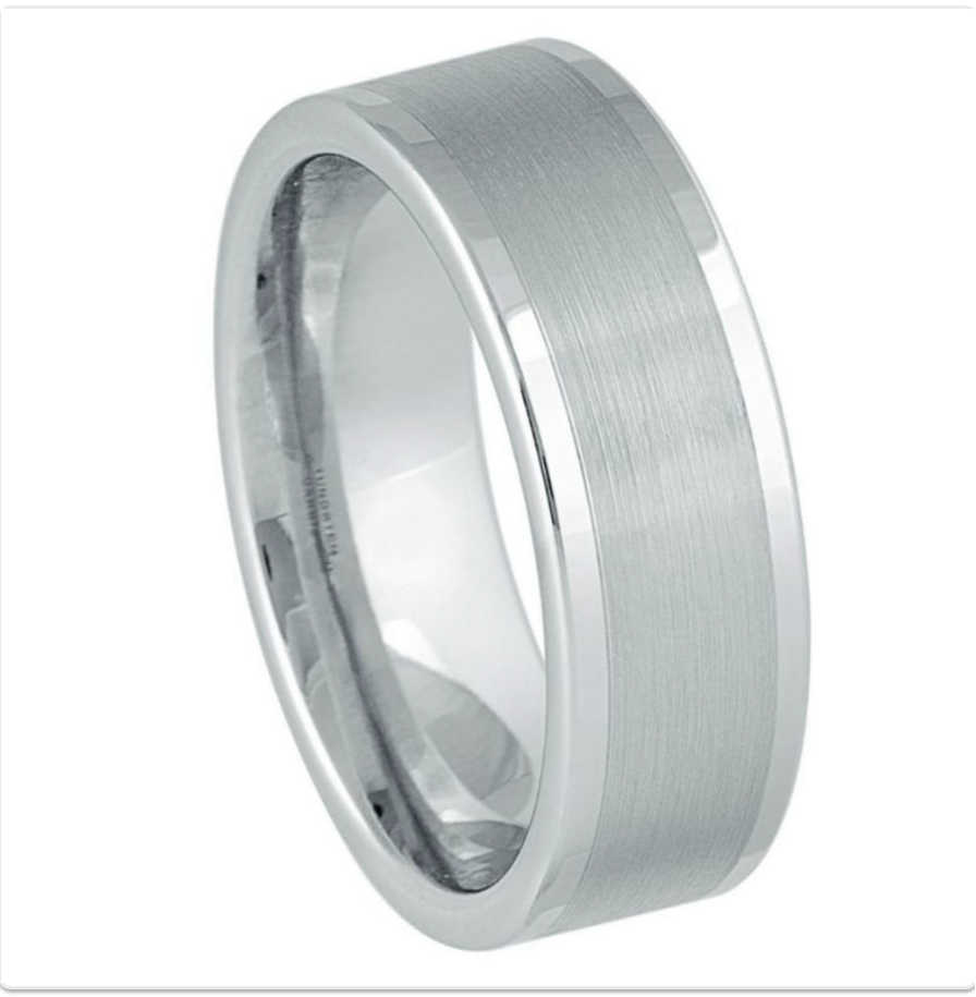 White Tungsten Carbide 8mm ion Plating Flat hi-Polished Center Brushed Finish Ring
